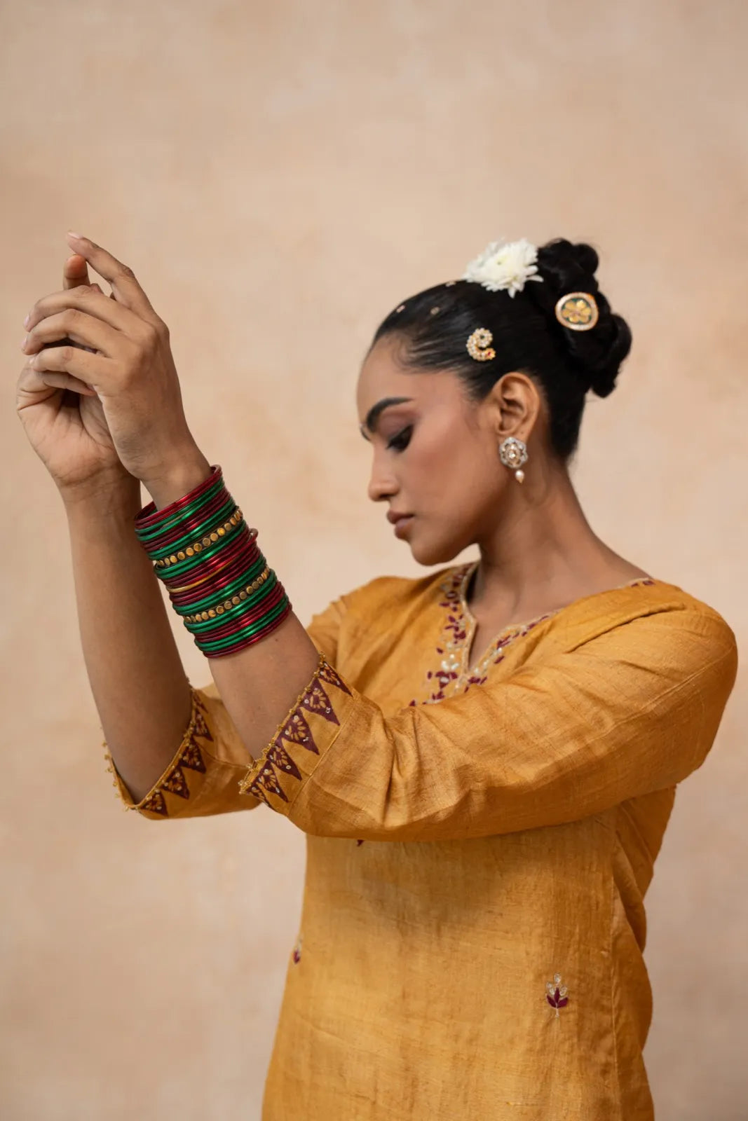 Arunima – Mustard & Maroon Ombre Hand Embroidered Handwoven Tussar Silk Kurta Set