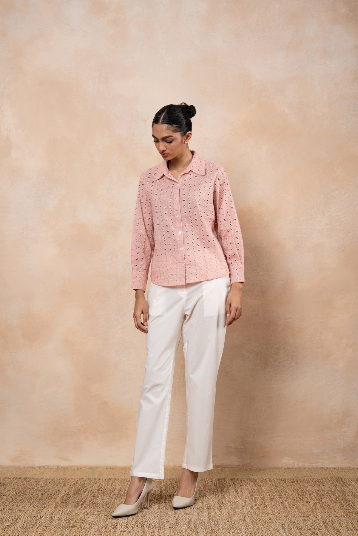 Elise Dusty Pink Schiffli Shirt with Off-White Poplin Pants