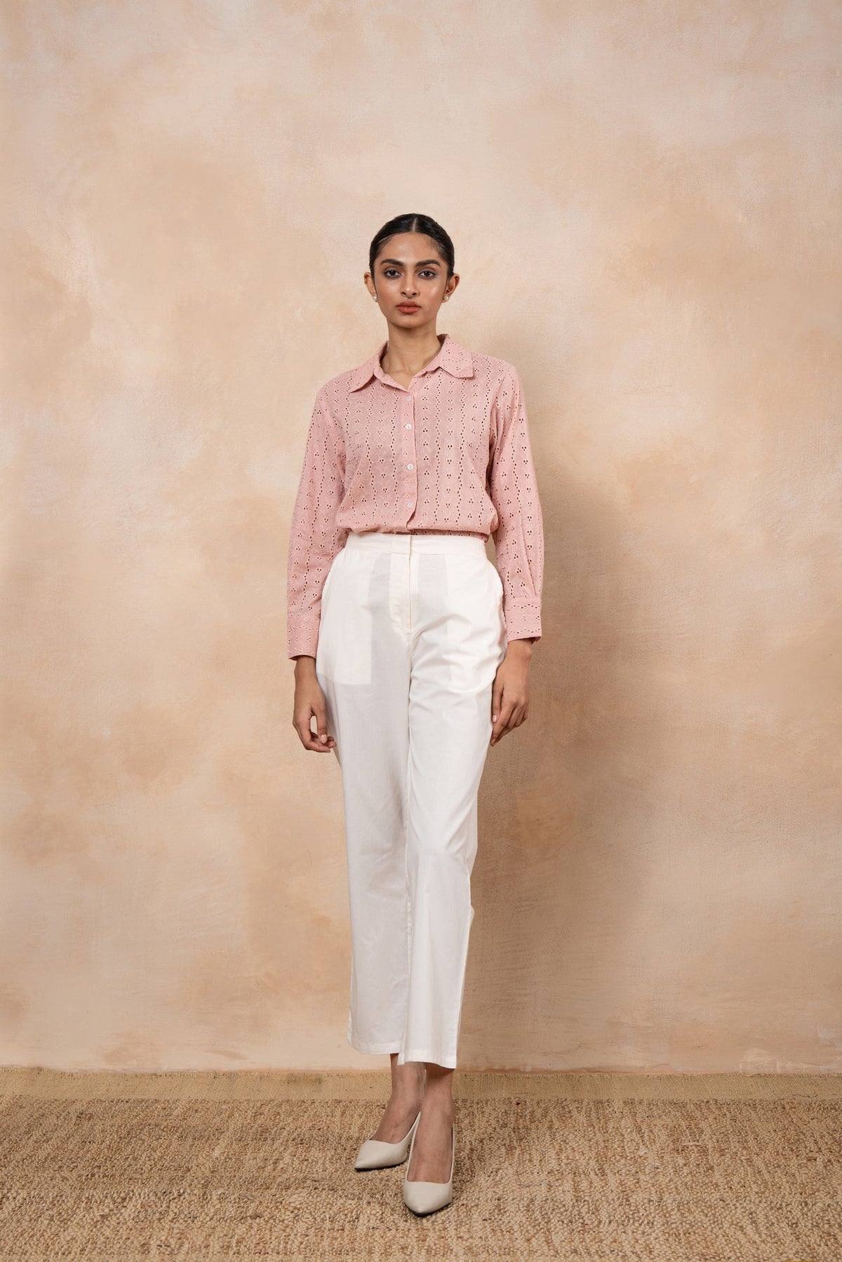 Elise Dusty Pink Schiffli Shirt with Off-White Poplin Pants