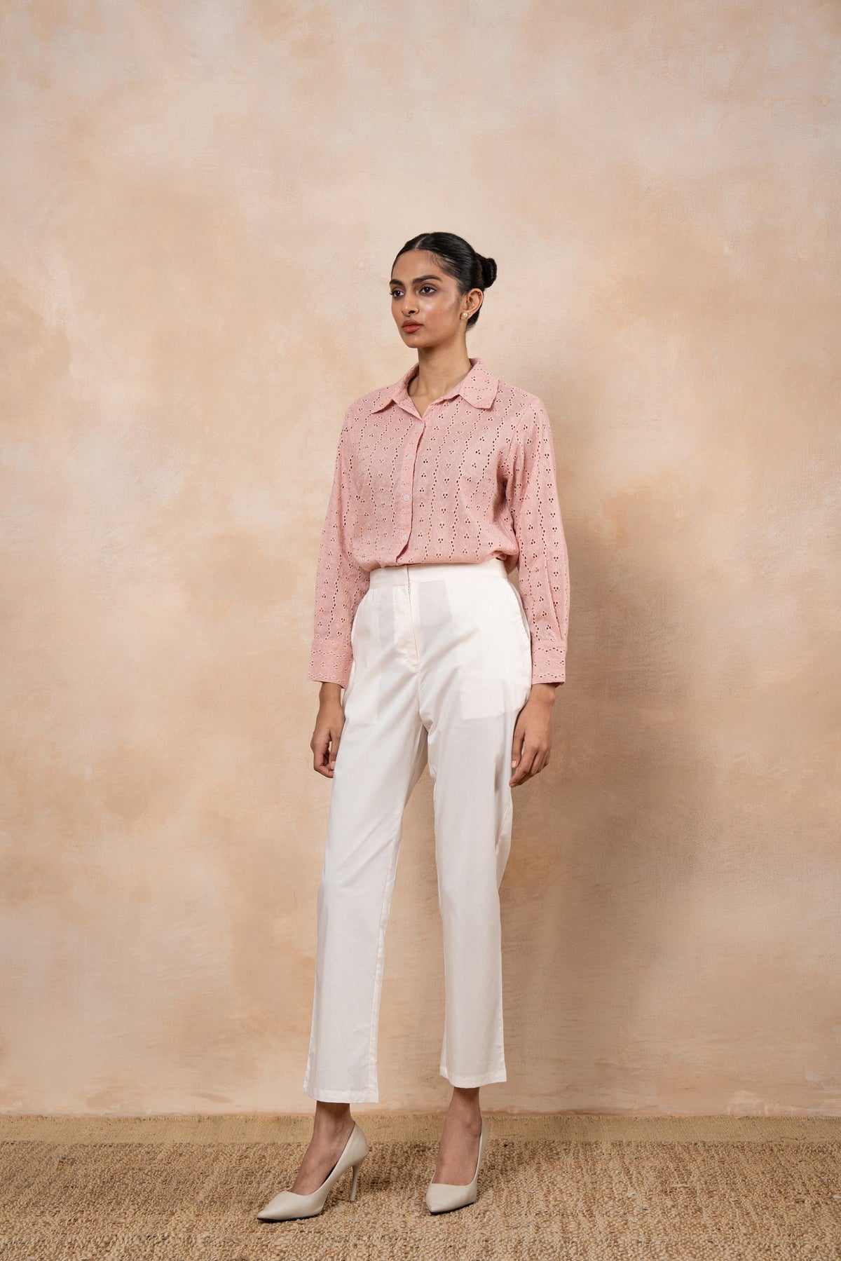 Elise Dusty Pink Schiffli Shirt with Off-White Poplin Pants