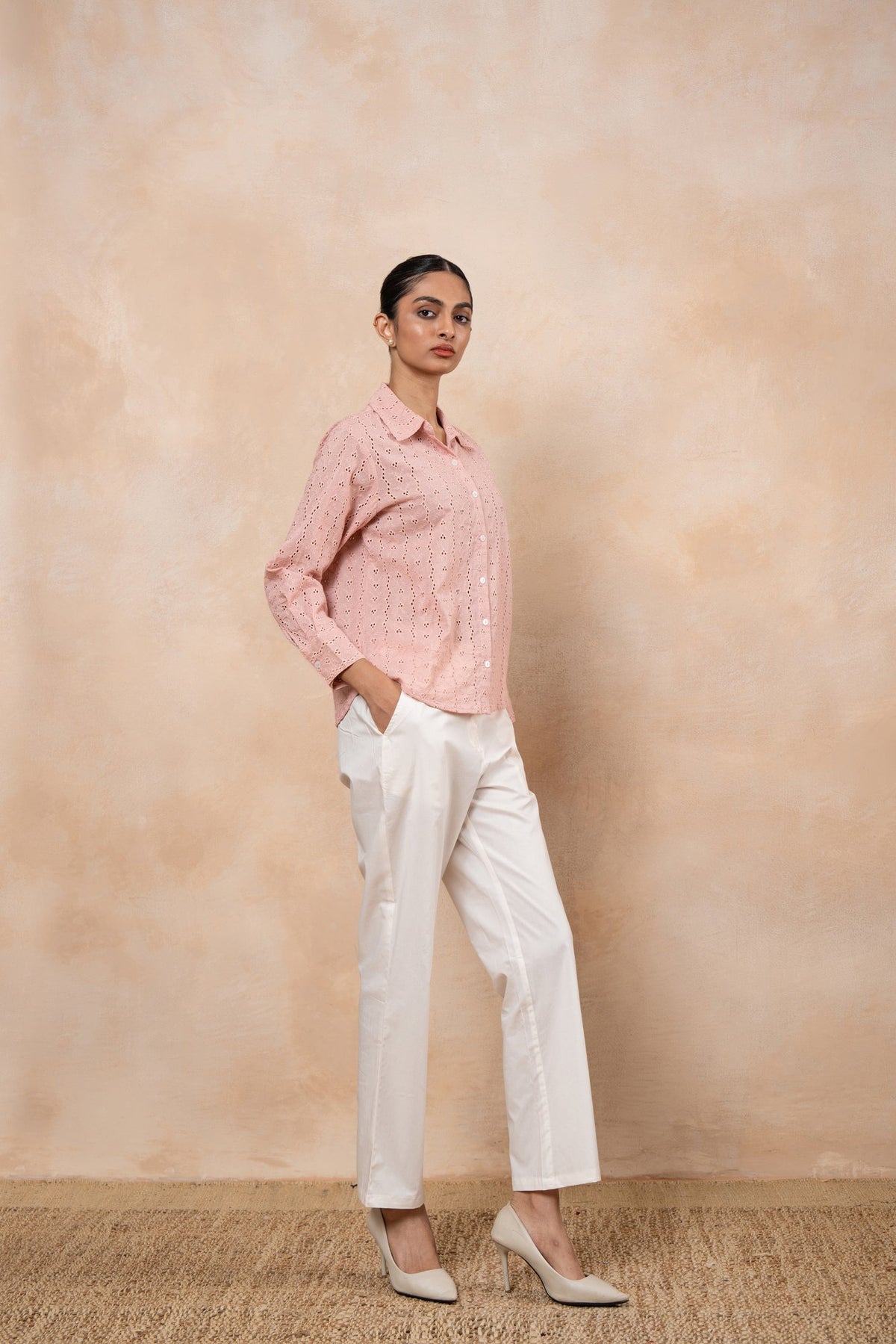 Elise Dusty Pink Schiffli Shirt with Off-White Poplin Pants