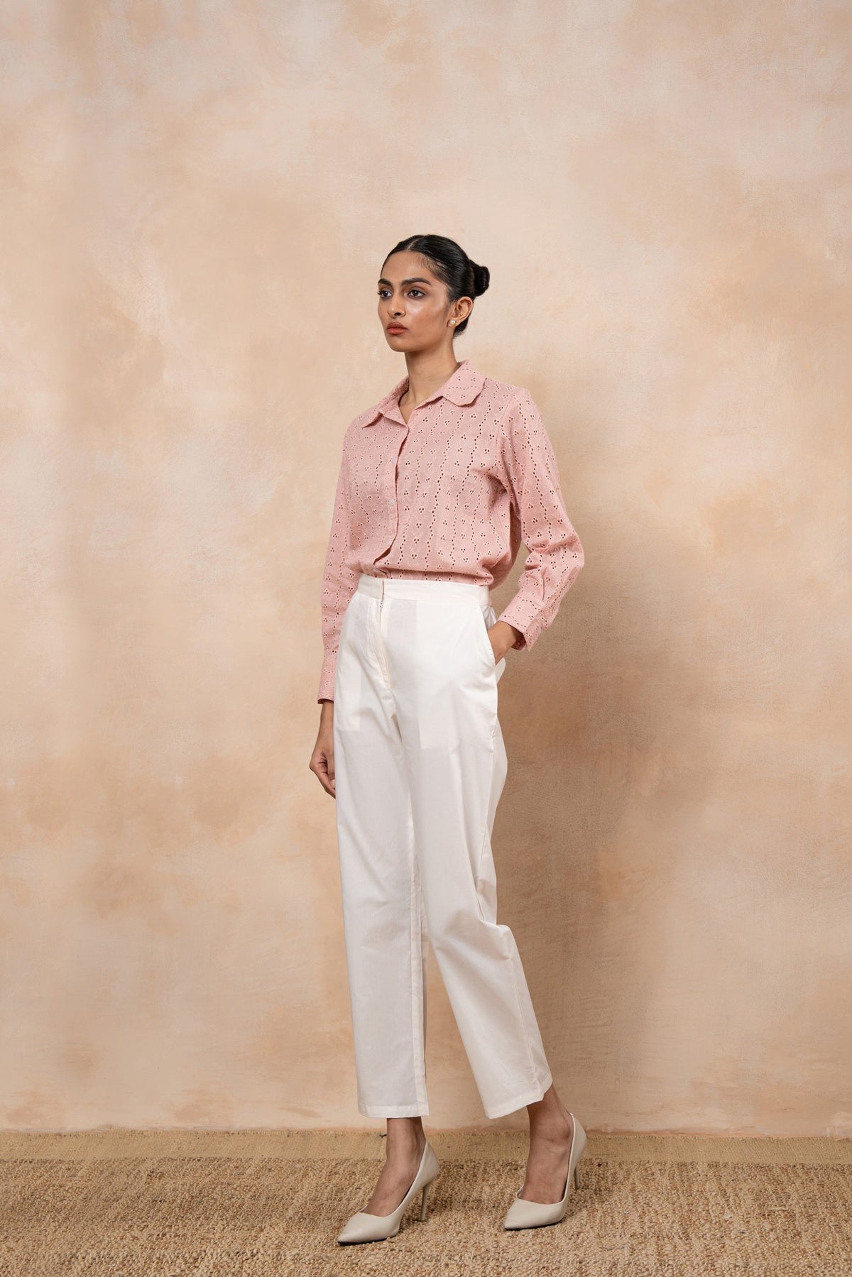 Elise Dusty Pink Schiffli Shirt with Off-White Poplin Pants