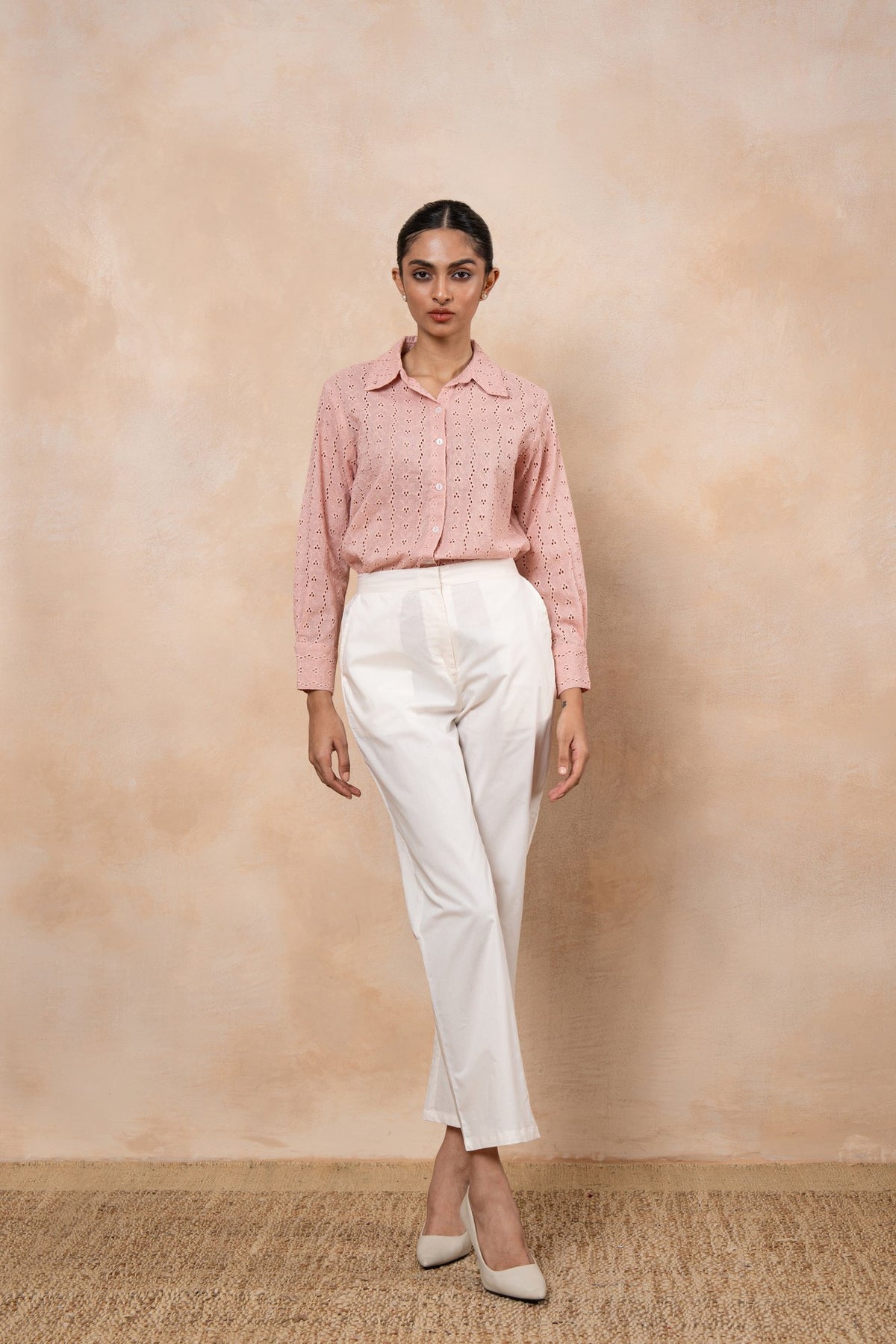 Elise Dusty Pink Schiffli Shirt with Off-White Poplin Pants