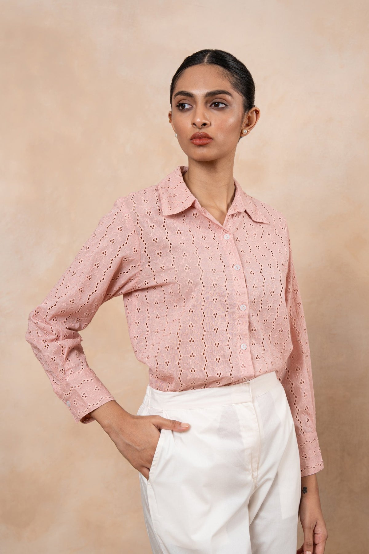 Elise Dusty Pink Schiffli Shirt with Off-White Poplin Pants