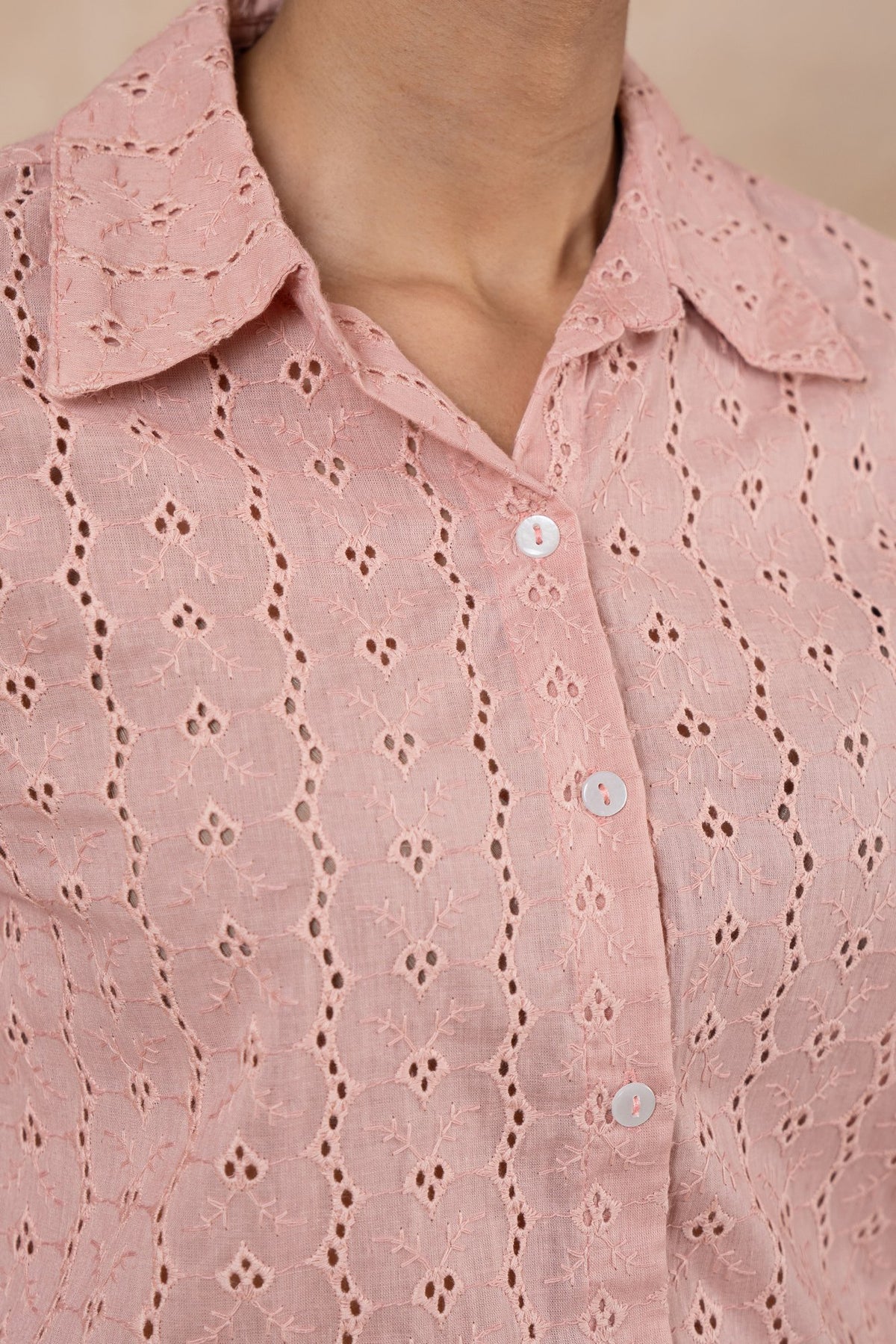 Elise Dusty Pink Schiffli Shirt with Off-White Poplin Pants
