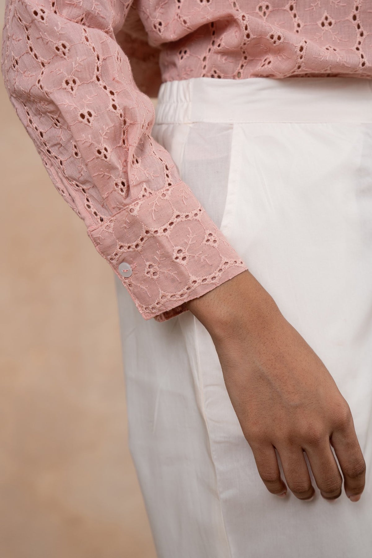 Elise Dusty Pink Schiffli Shirt with Off-White Poplin Pants