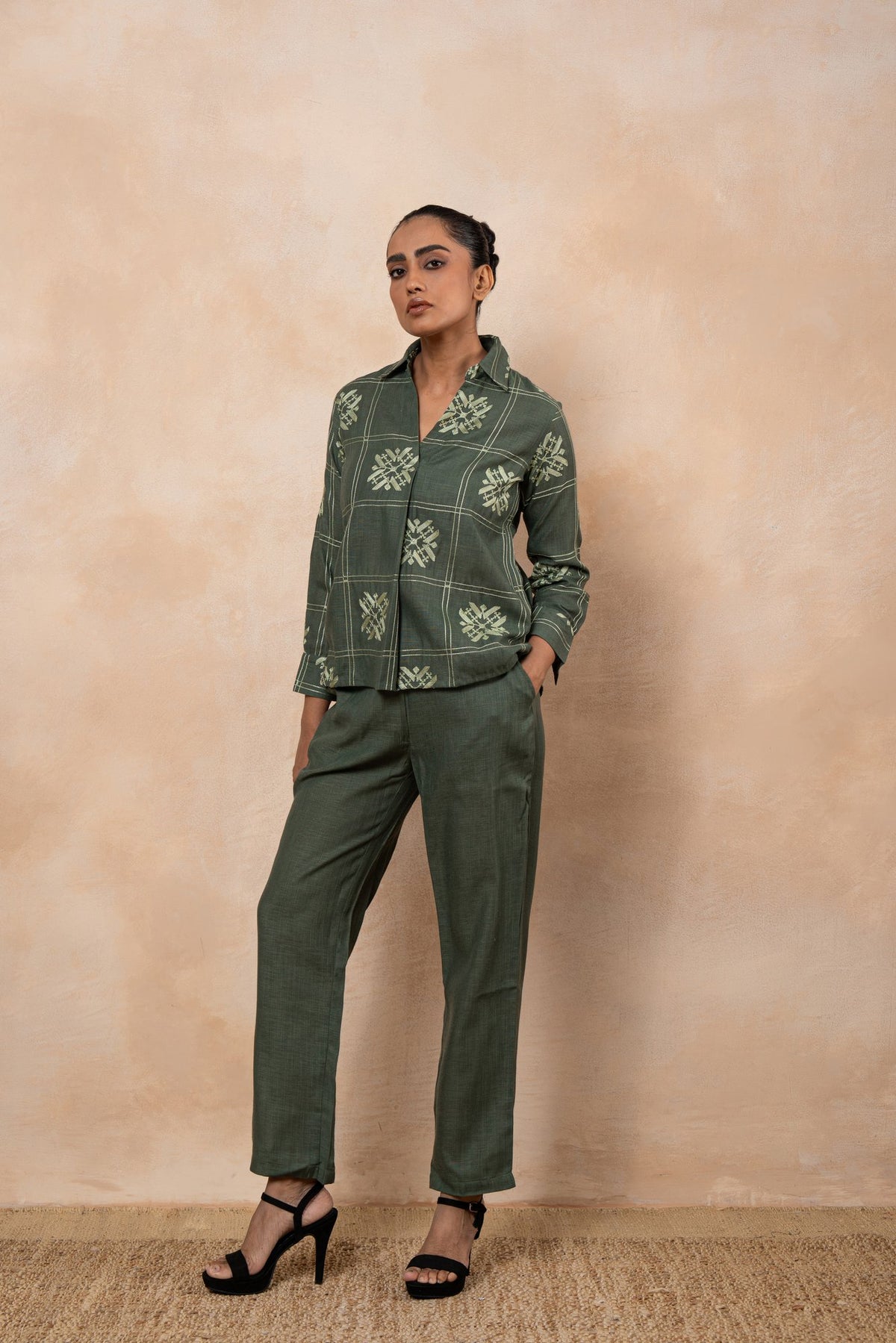 Fern Green Embroidered cotton viscose Formal Shirt with Trousers