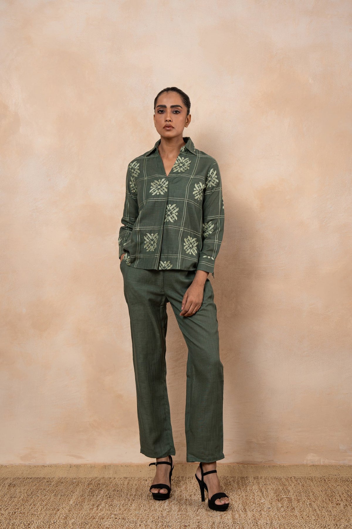 Fern Green Embroidered cotton viscose Formal Shirt with Trousers