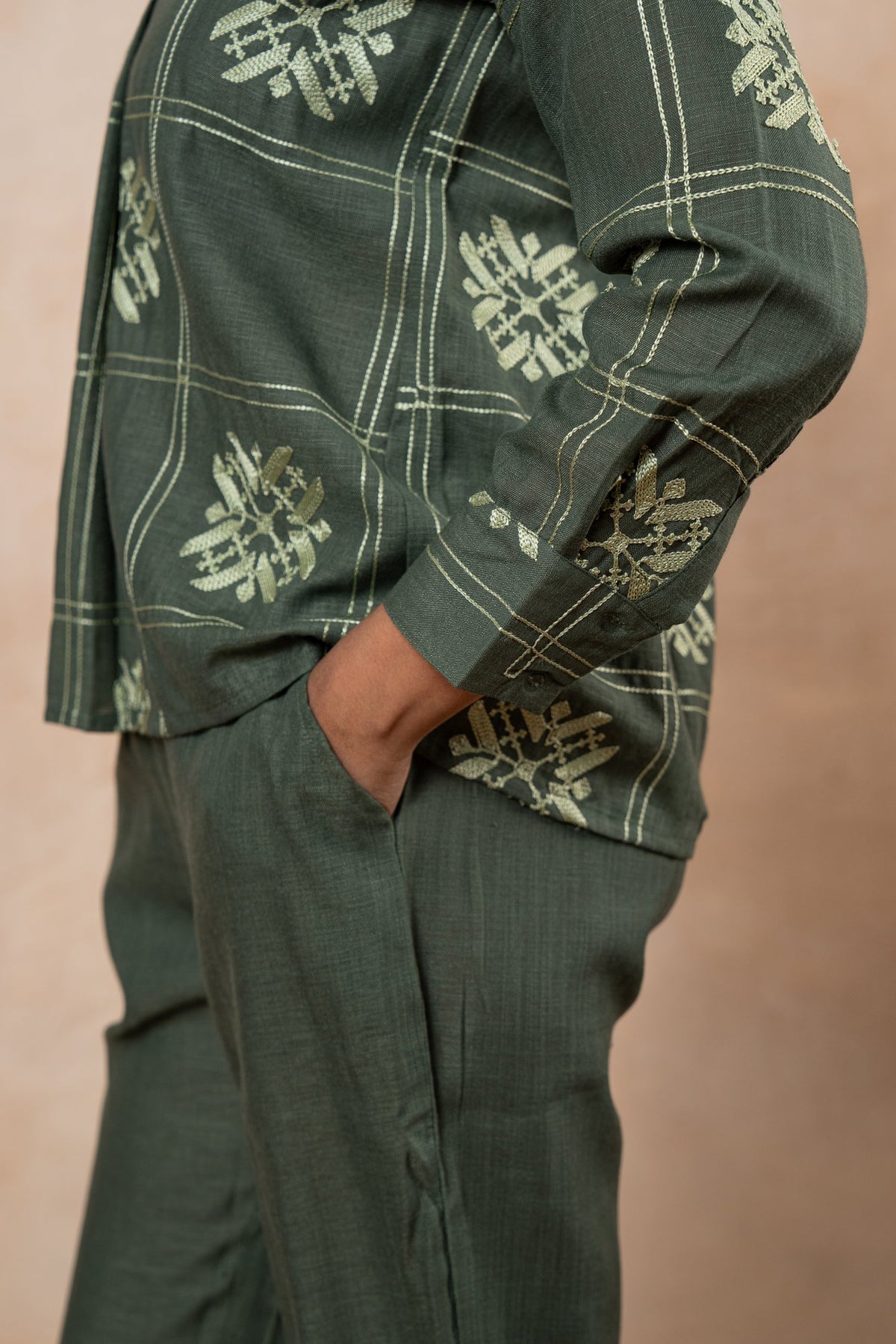 Fern Green Embroidered cotton viscose Formal Shirt with Trousers