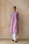 Gulbahar Pink & Turquoise Floral Hand Block Printed Kurta Set with Schiffli Pants