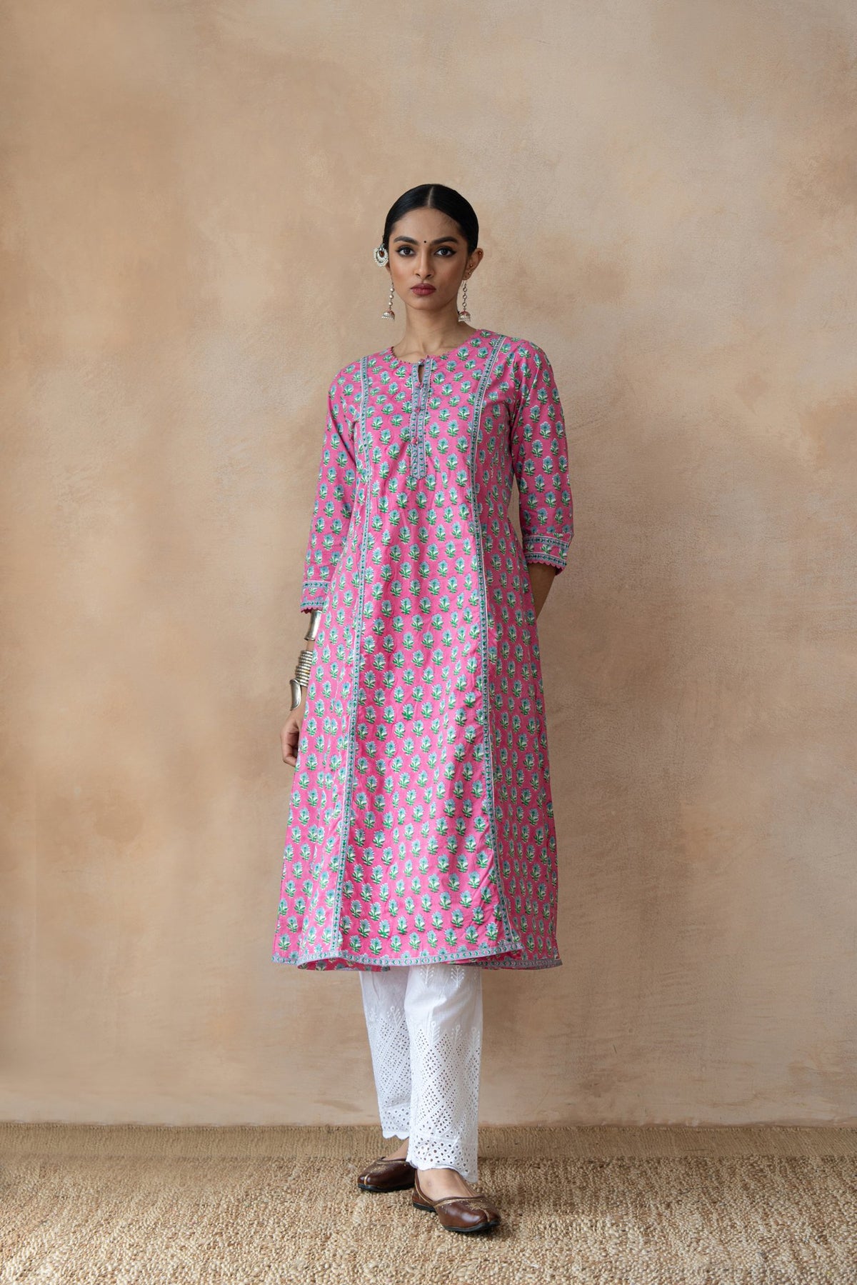 Gulbahar Pink & Turquoise Floral Hand Block Printed Kurta Set with Schiffli Pants