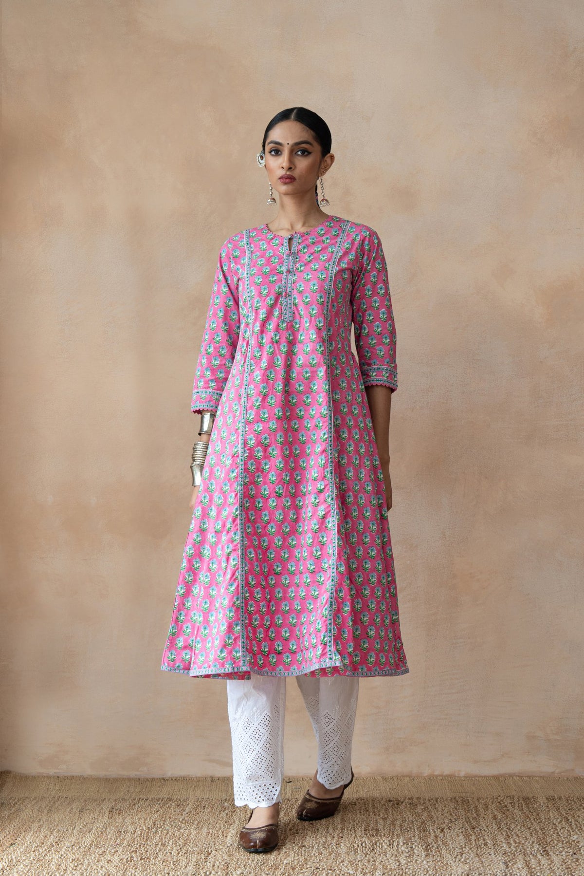 Gulbahar Pink & Turquoise Floral Hand Block Printed Kurta Set with Schiffli Pants