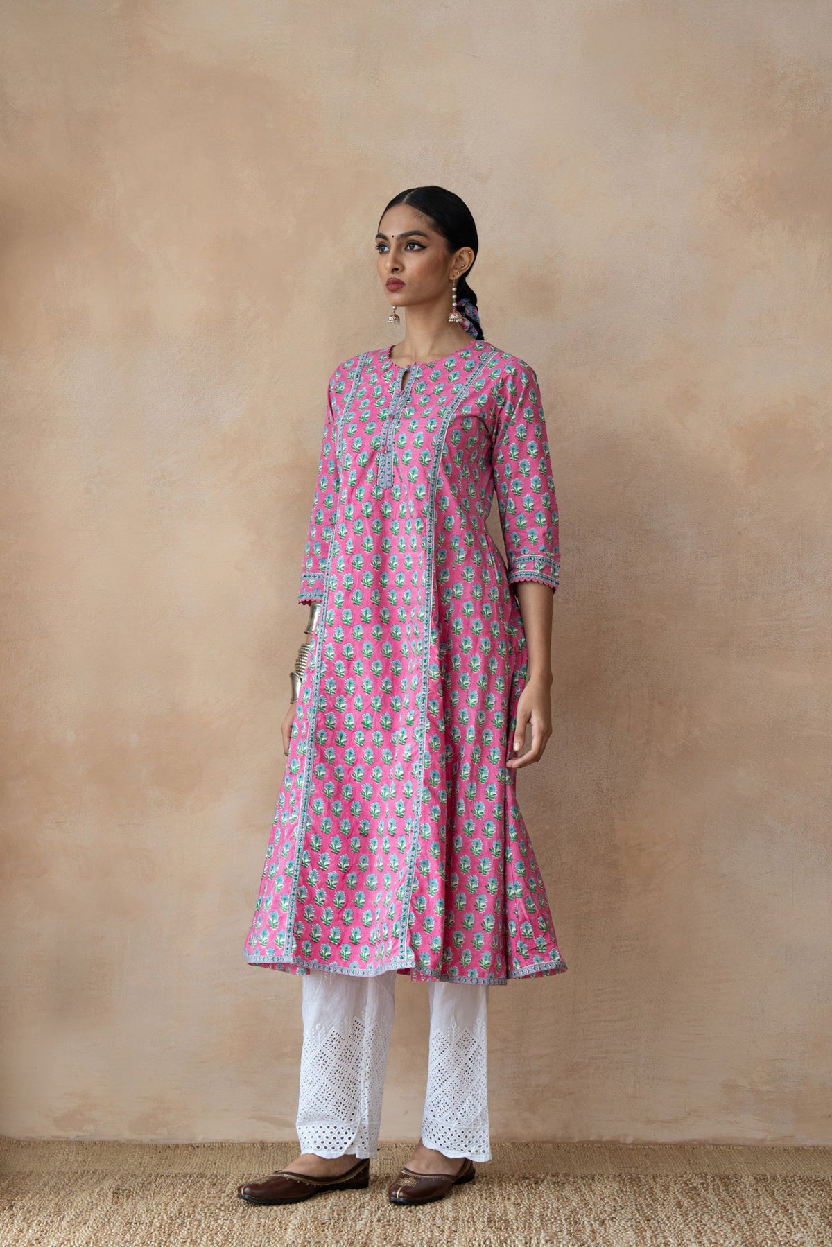 Gulbahar Pink & Turquoise Floral Hand Block Printed Kurta Set with Schiffli Pants