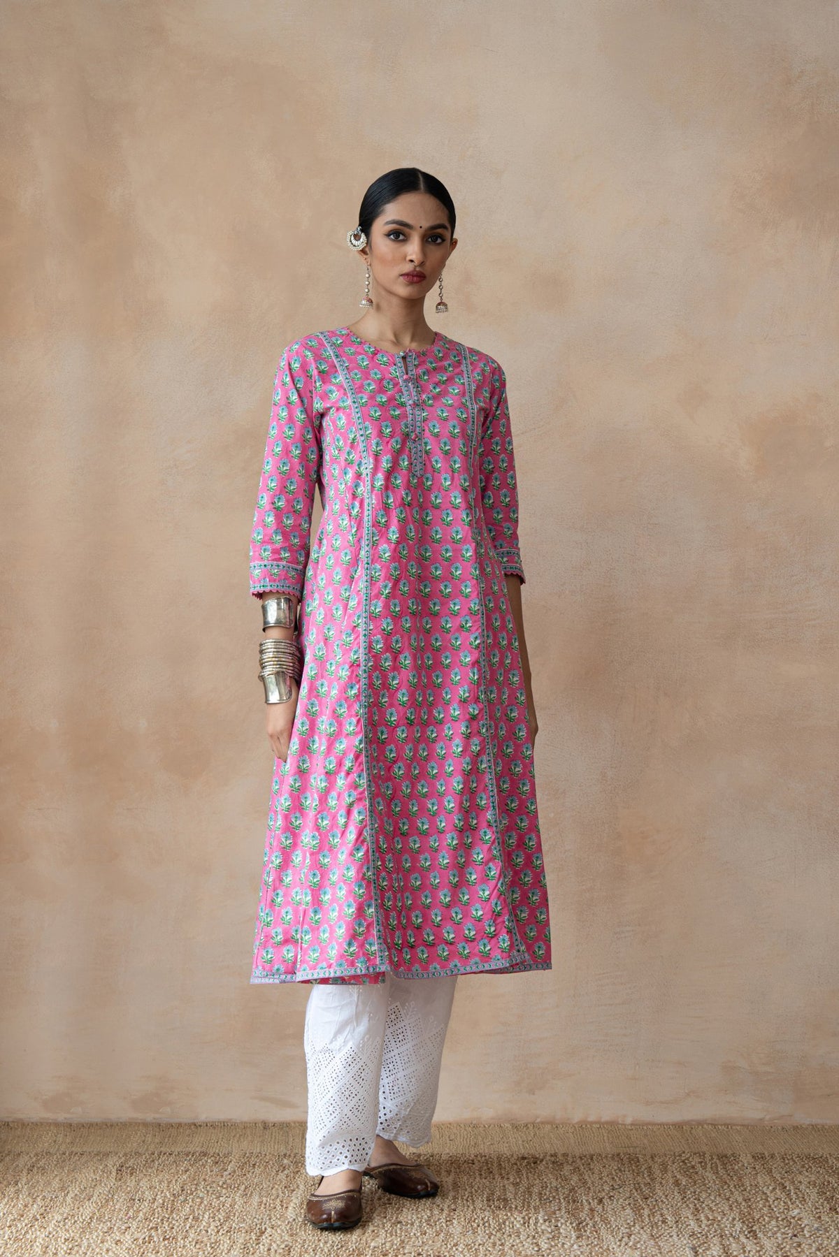 Gulbahar Pink & Turquoise Floral Hand Block Printed Kurta Set with Schiffli Pants