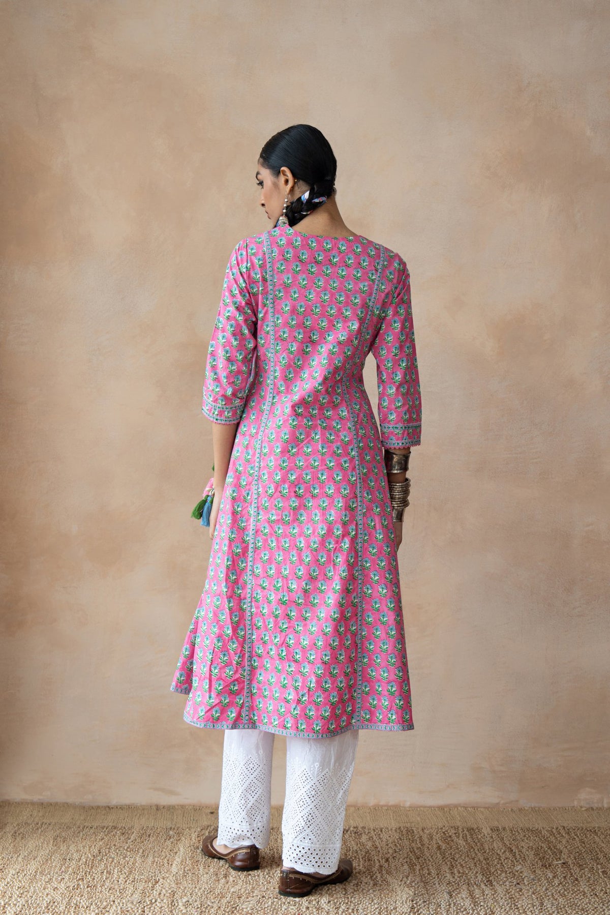 Gulbahar Pink & Turquoise Floral Hand Block Printed Kurta Set with Schiffli Pants