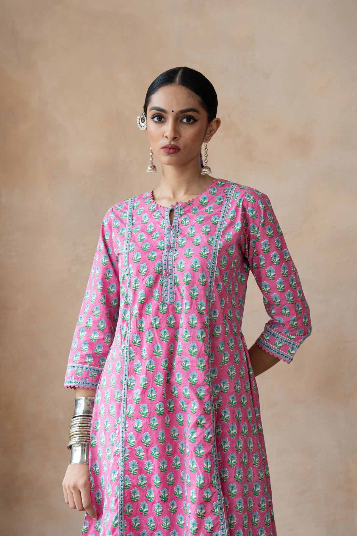 Gulbahar Pink & Turquoise Floral Hand Block Printed Kurta Set with Schiffli Pants