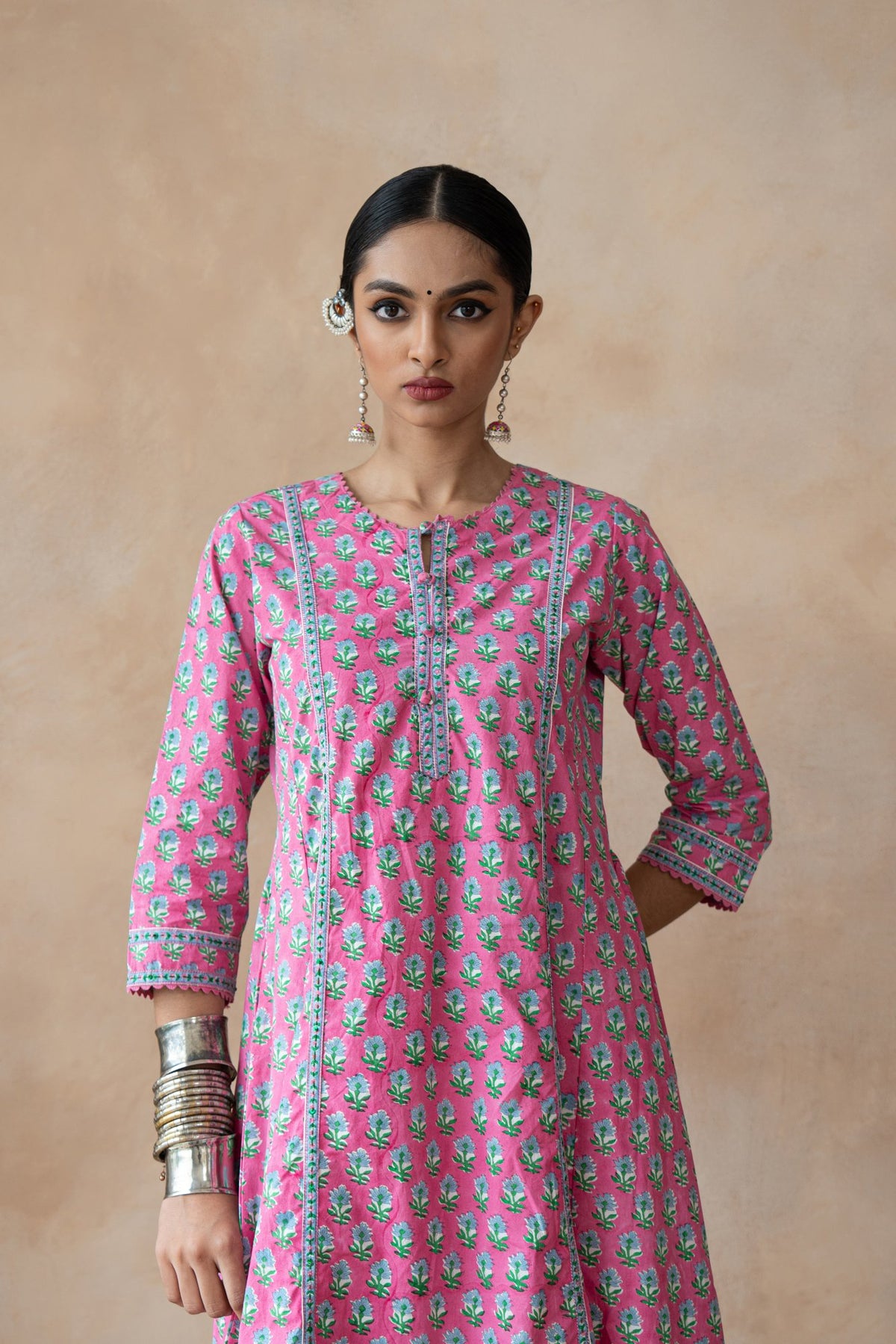 Gulbahar Pink & Turquoise Floral Hand Block Printed Kurta Set with Schiffli Pants