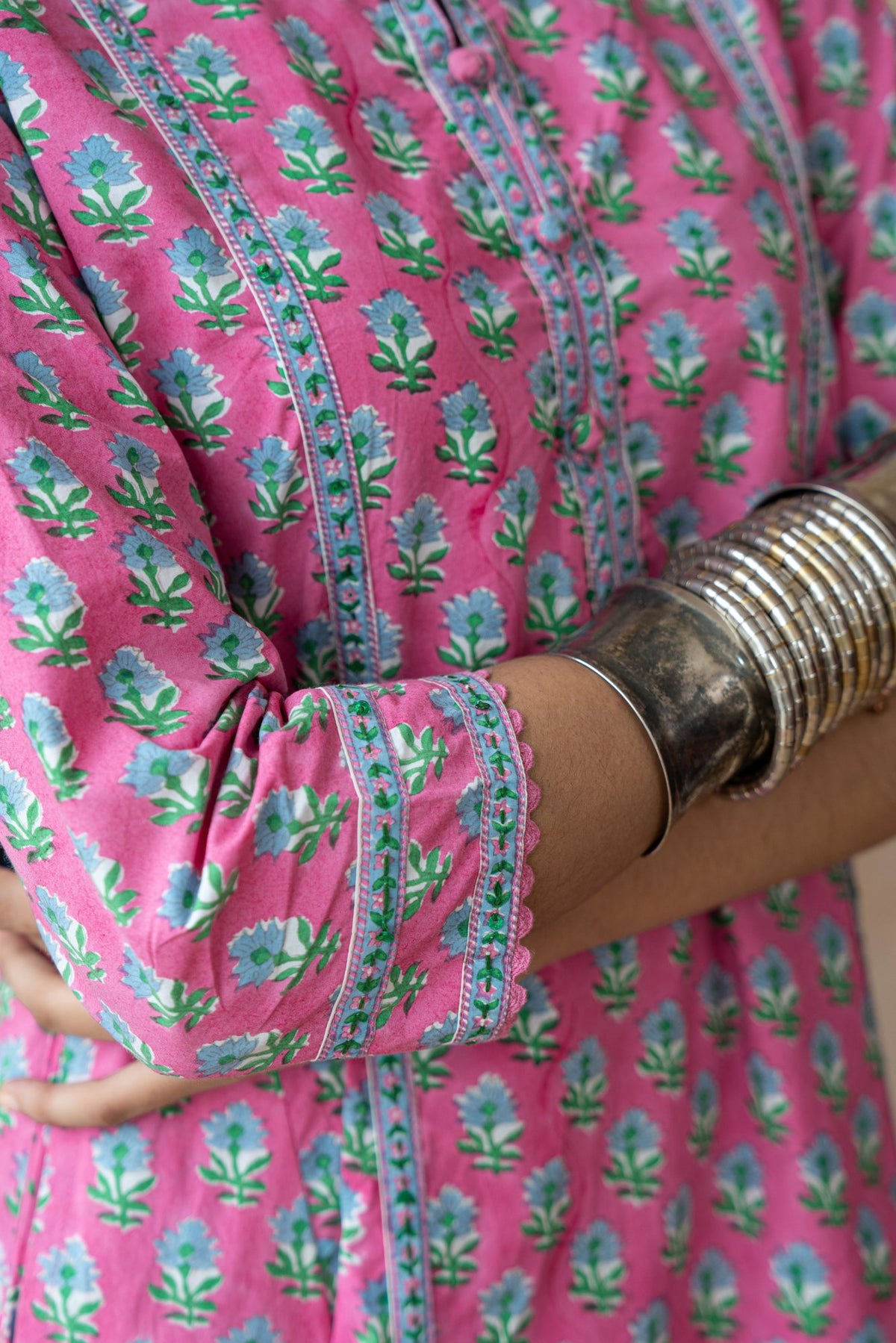 Gulbahar Pink & Turquoise Floral Hand Block Printed Kurta Set with Schiffli Pants