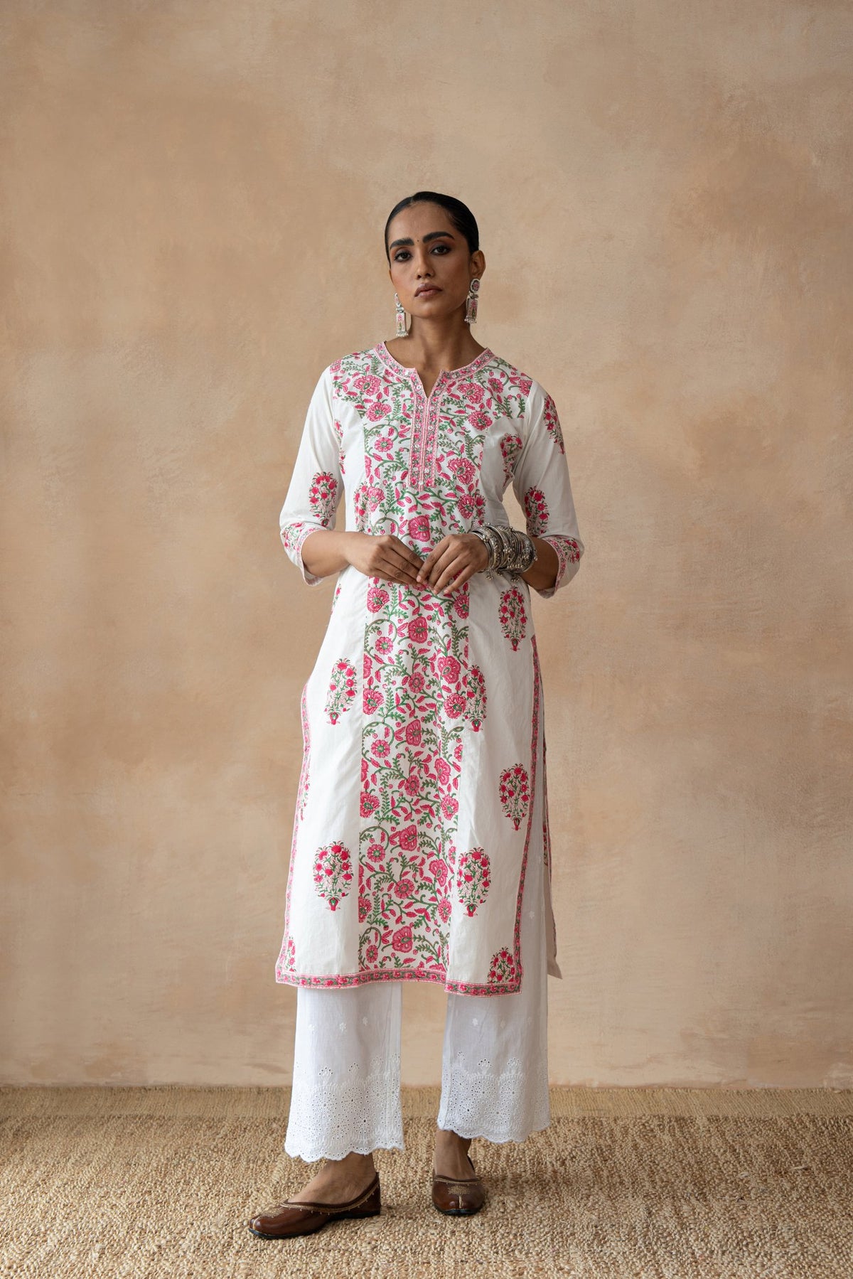 Gulnaar – Pink Floral Hand Block Printed Kurta Set with Schiffli Pants