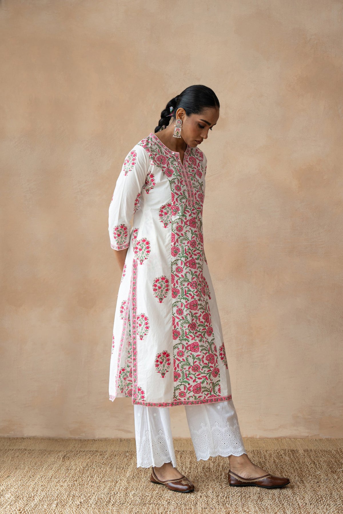 Gulnaar – Pink Floral Hand Block Printed Kurta Set with Schiffli Pants