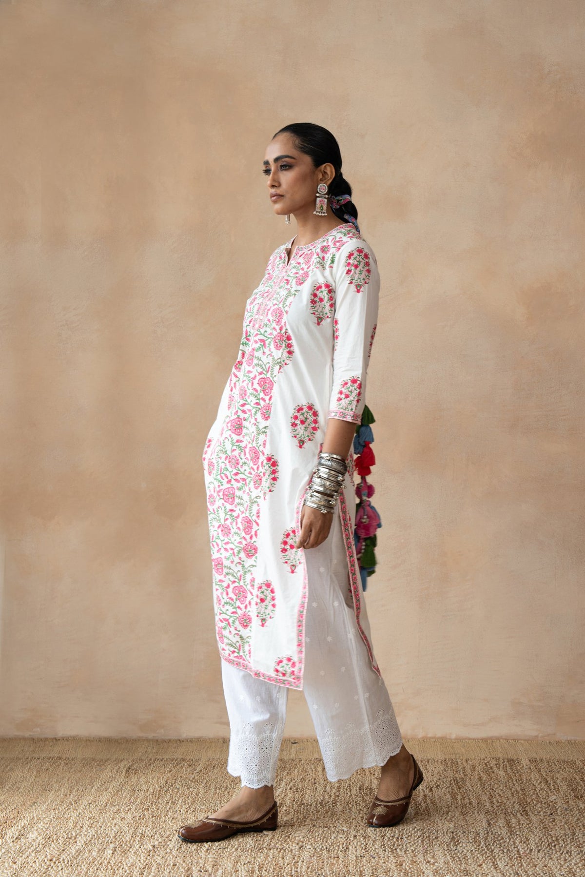 Gulnaar – Pink Floral Hand Block Printed Kurta Set with Schiffli Pants