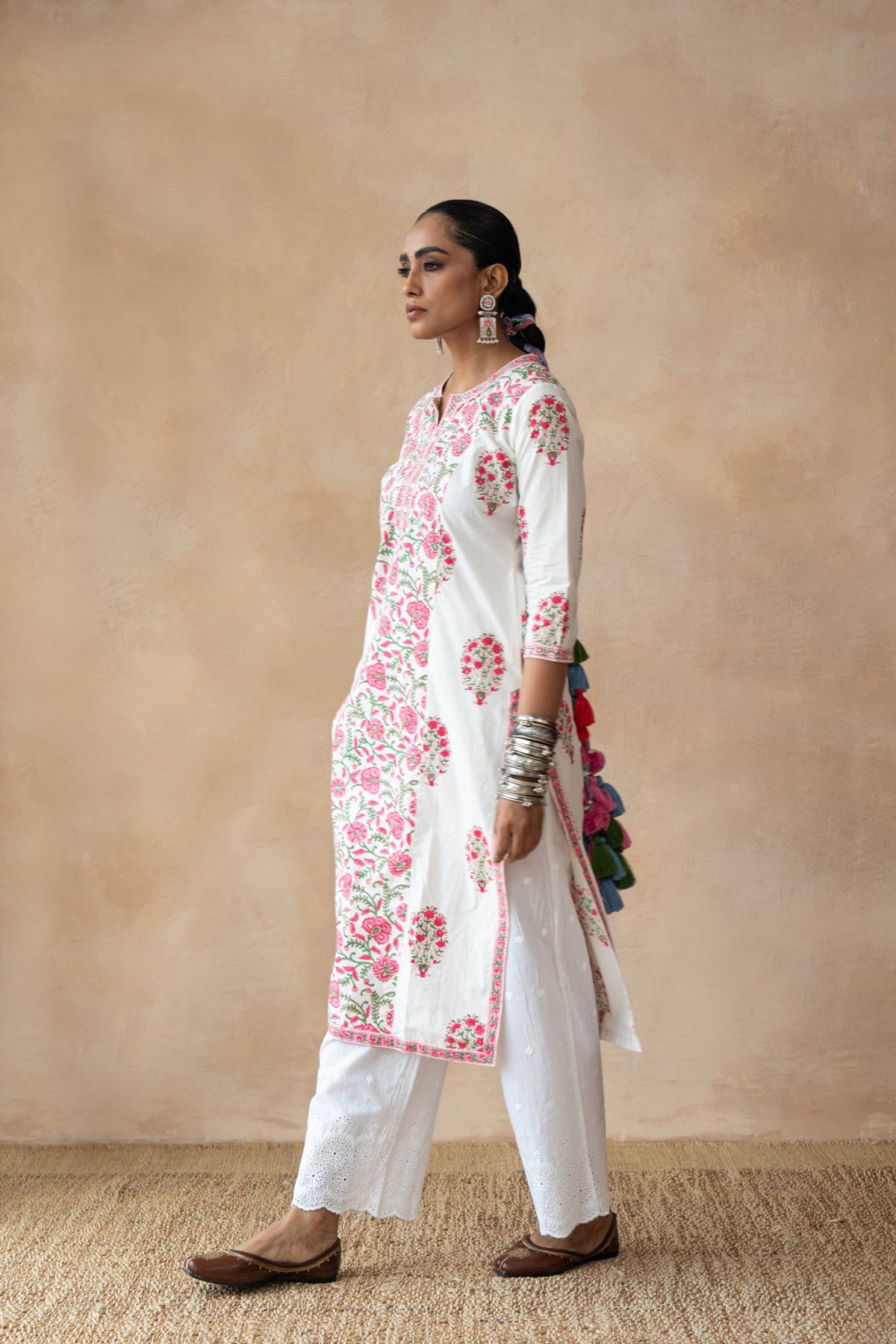 Gulnaar – Pink Floral Hand Block Printed Kurta Set with Schiffli Pants