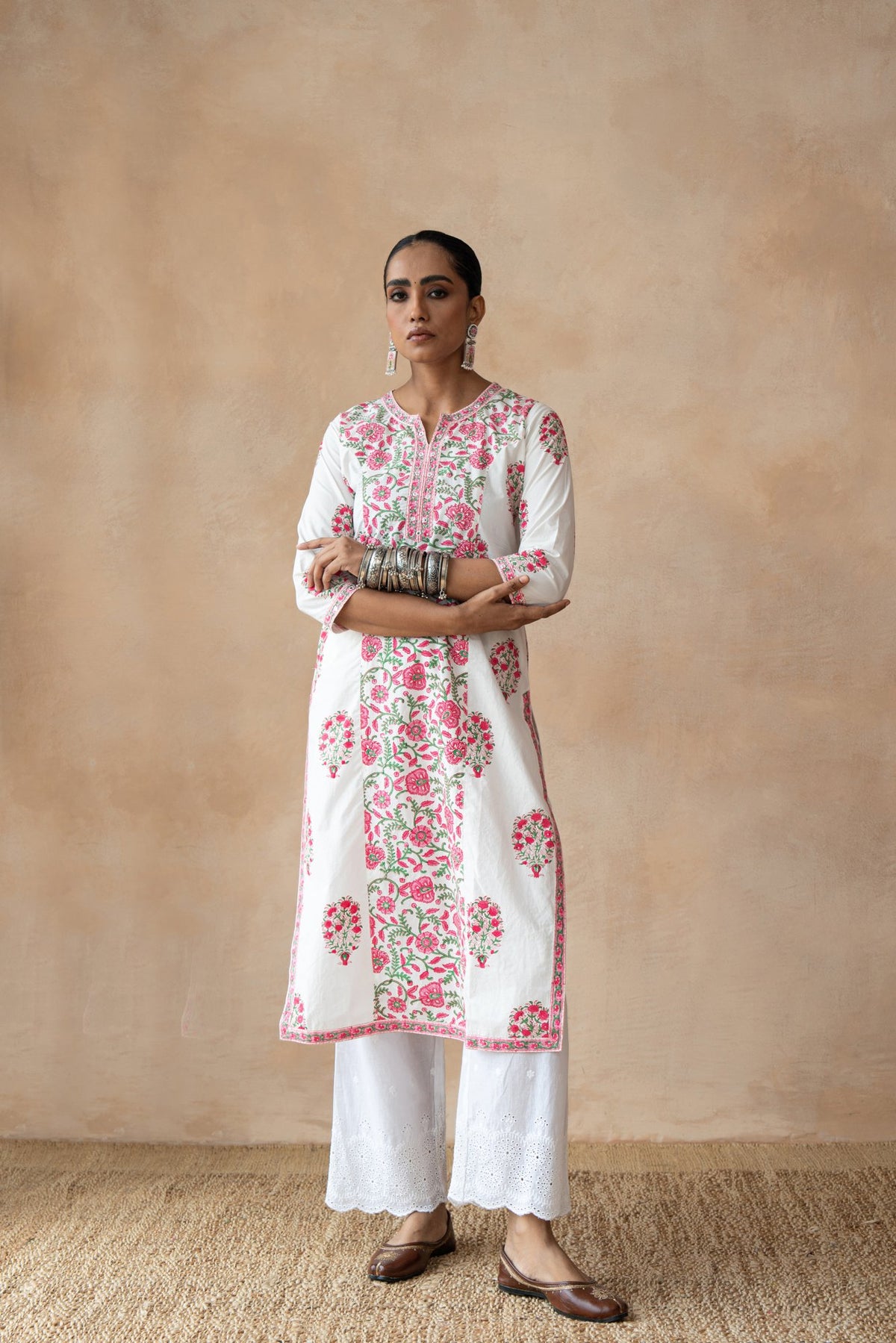 Gulnaar – Pink Floral Hand Block Printed Kurta Set with Schiffli Pants