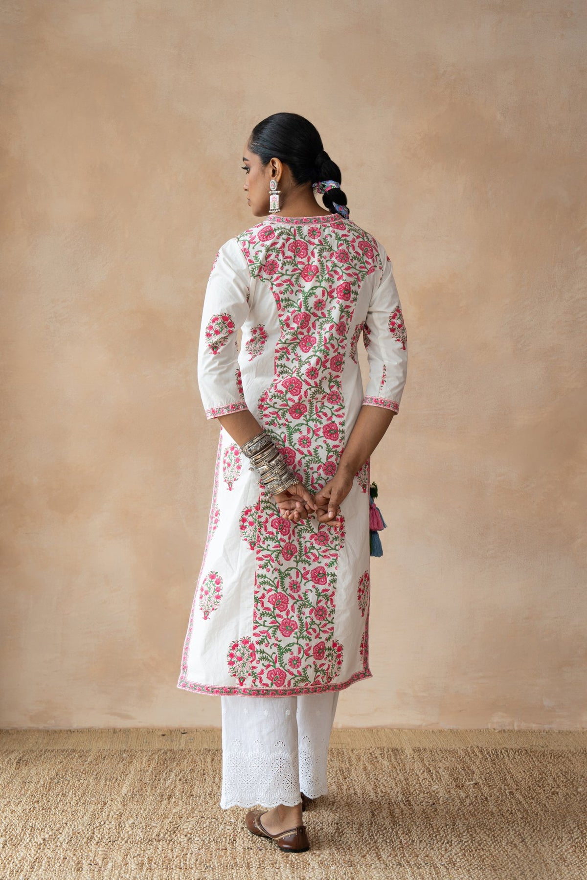 Gulnaar – Pink Floral Hand Block Printed Kurta Set with Schiffli Pants
