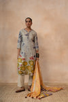 Kamalini – Grey Hand Batik Tussar Silk Kurta Set with Dupatta