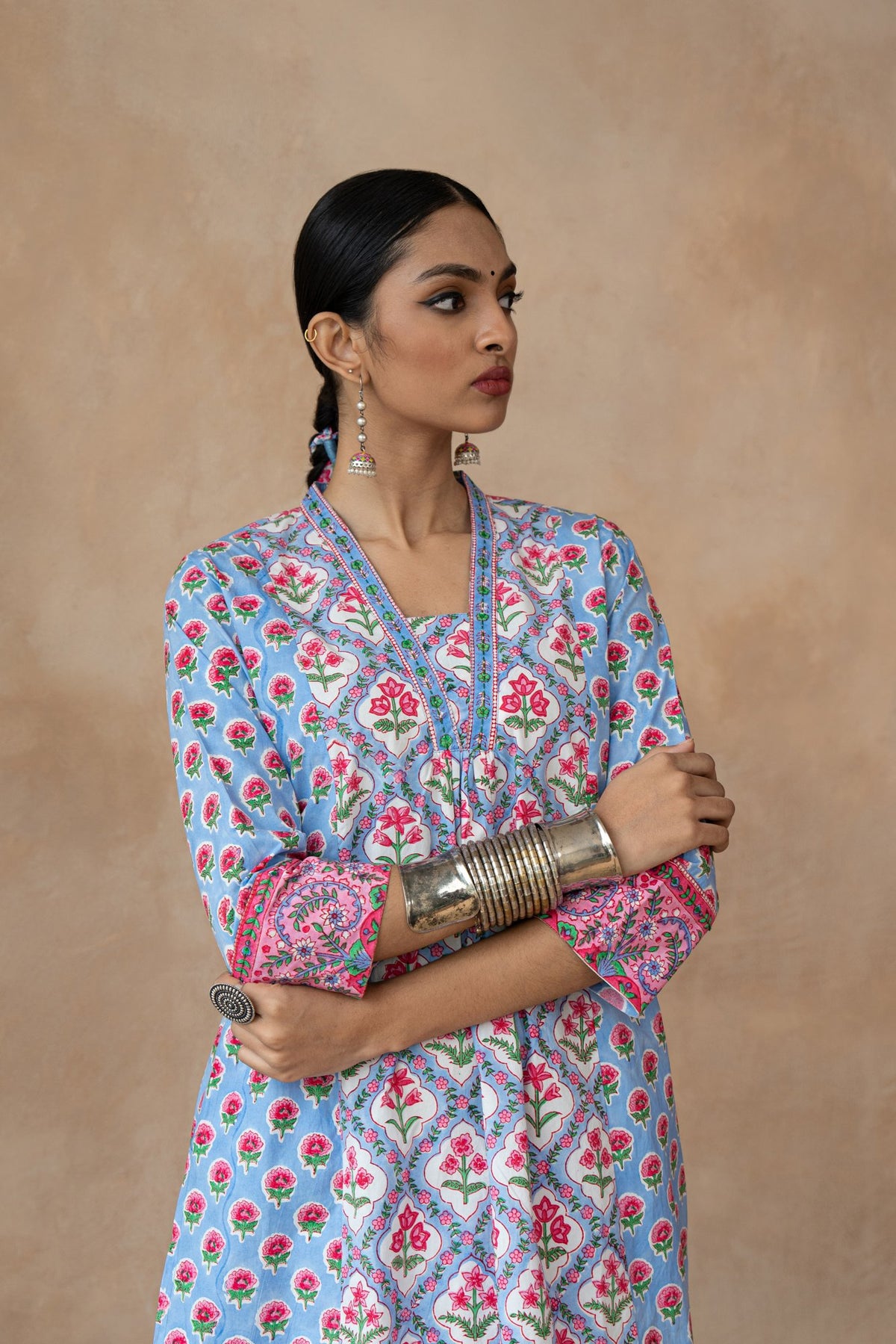 Kusum Blue Floral Hand Block Printed Kurta Set with Schiffli Pants