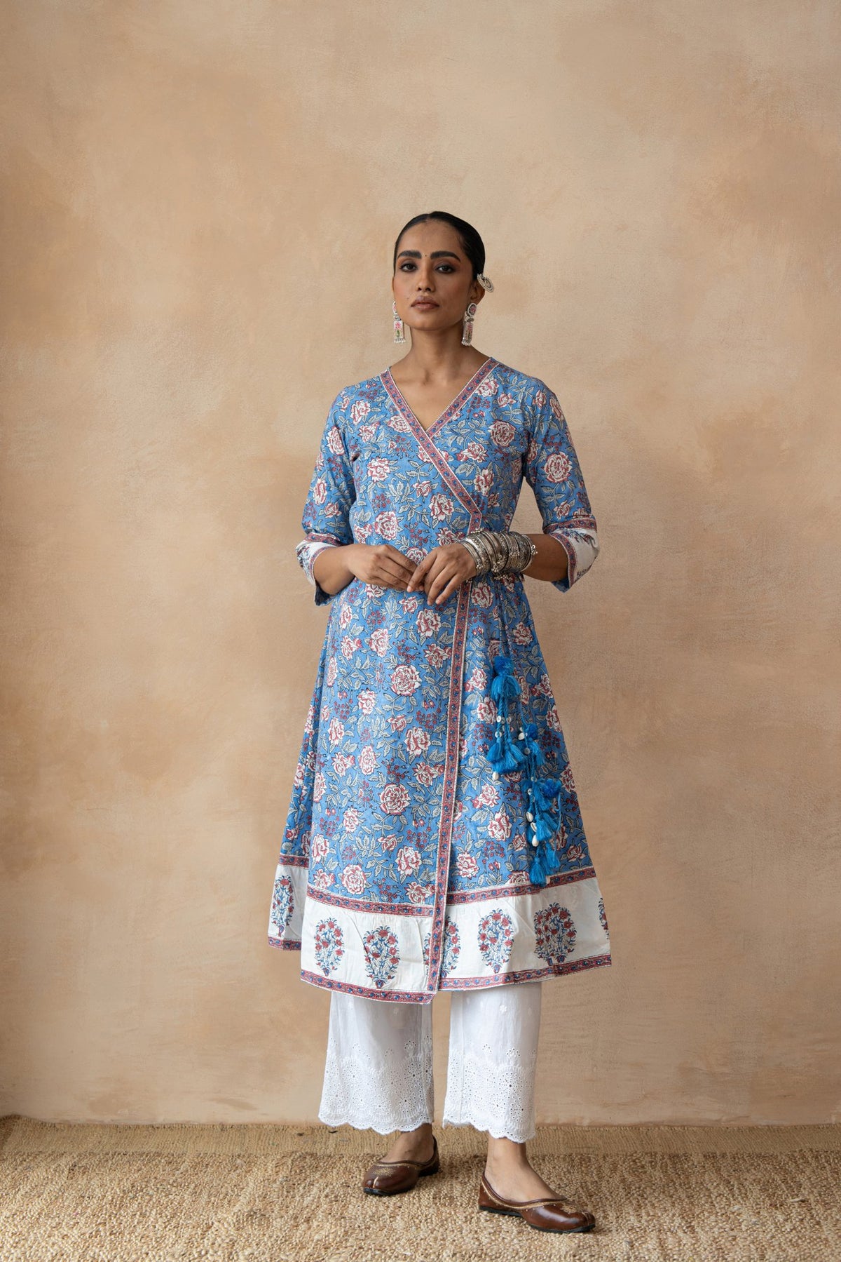 Madhubala Blue Floral Hand Block Printed Kurta Set with Schiffli Pants