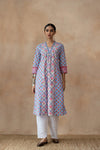 Kusum Blue Floral Hand Block Printed Kurta Set with Schiffli Pants