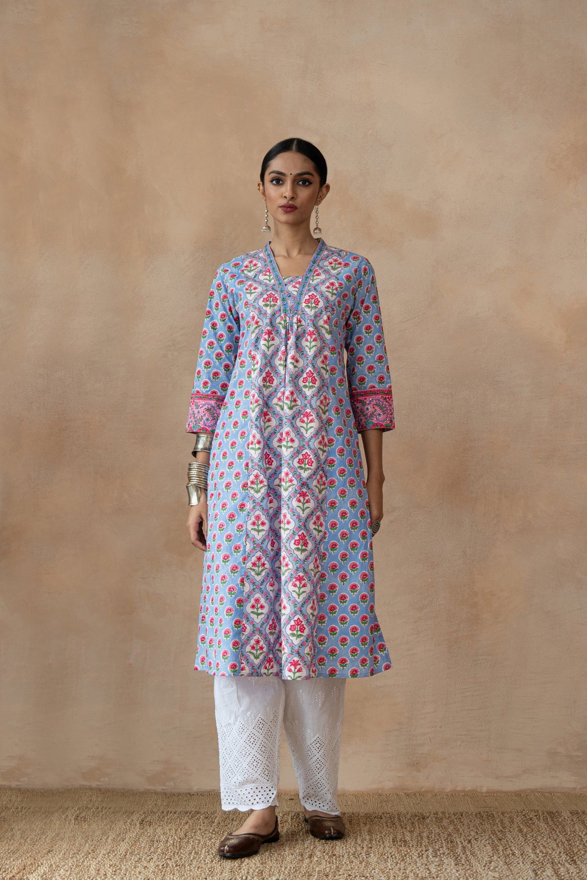 Kusum Blue Floral Hand Block Printed Kurta Set with Schiffli Pants