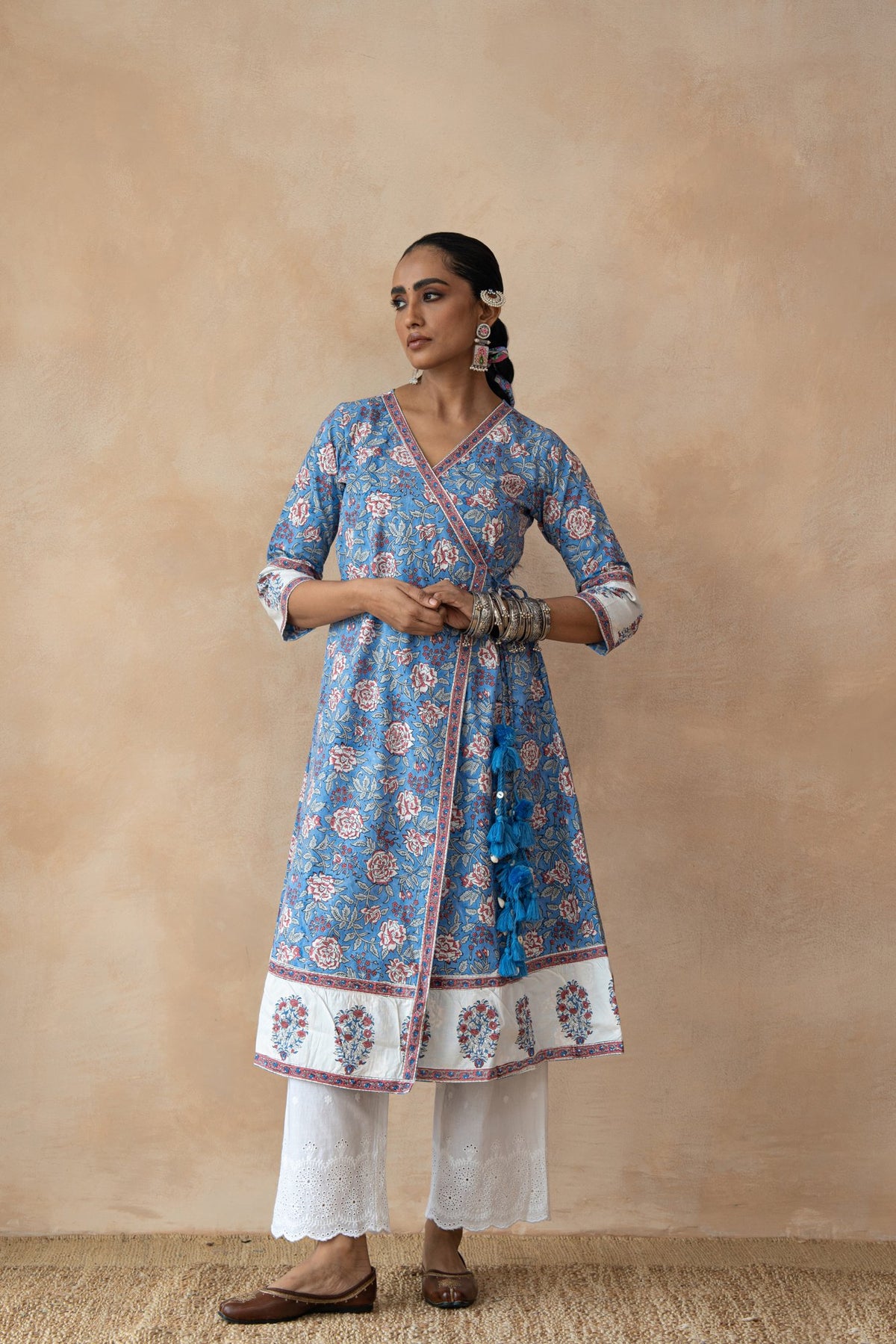 Madhubala Blue Floral Hand Block Printed Kurta Set with Schiffli Pants