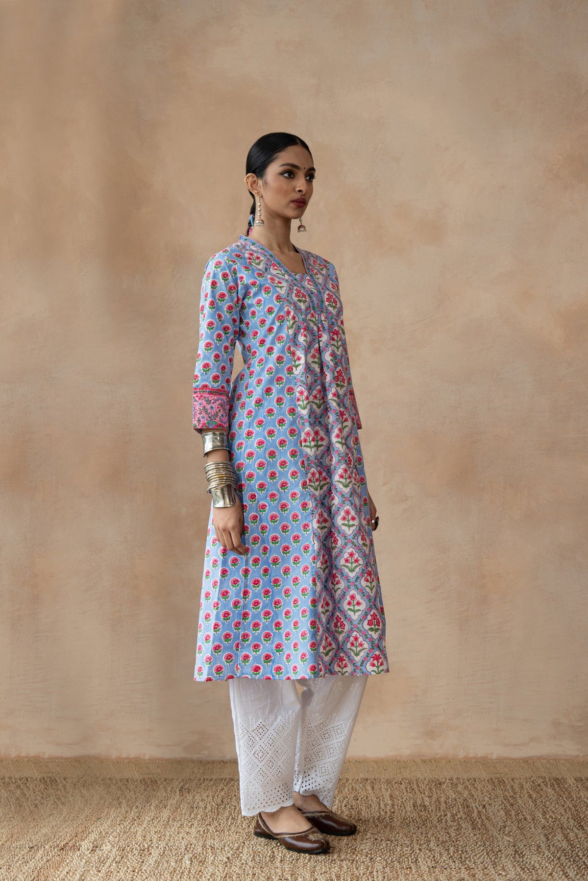 Kusum Blue Floral Hand Block Printed Kurta Set with Schiffli Pants