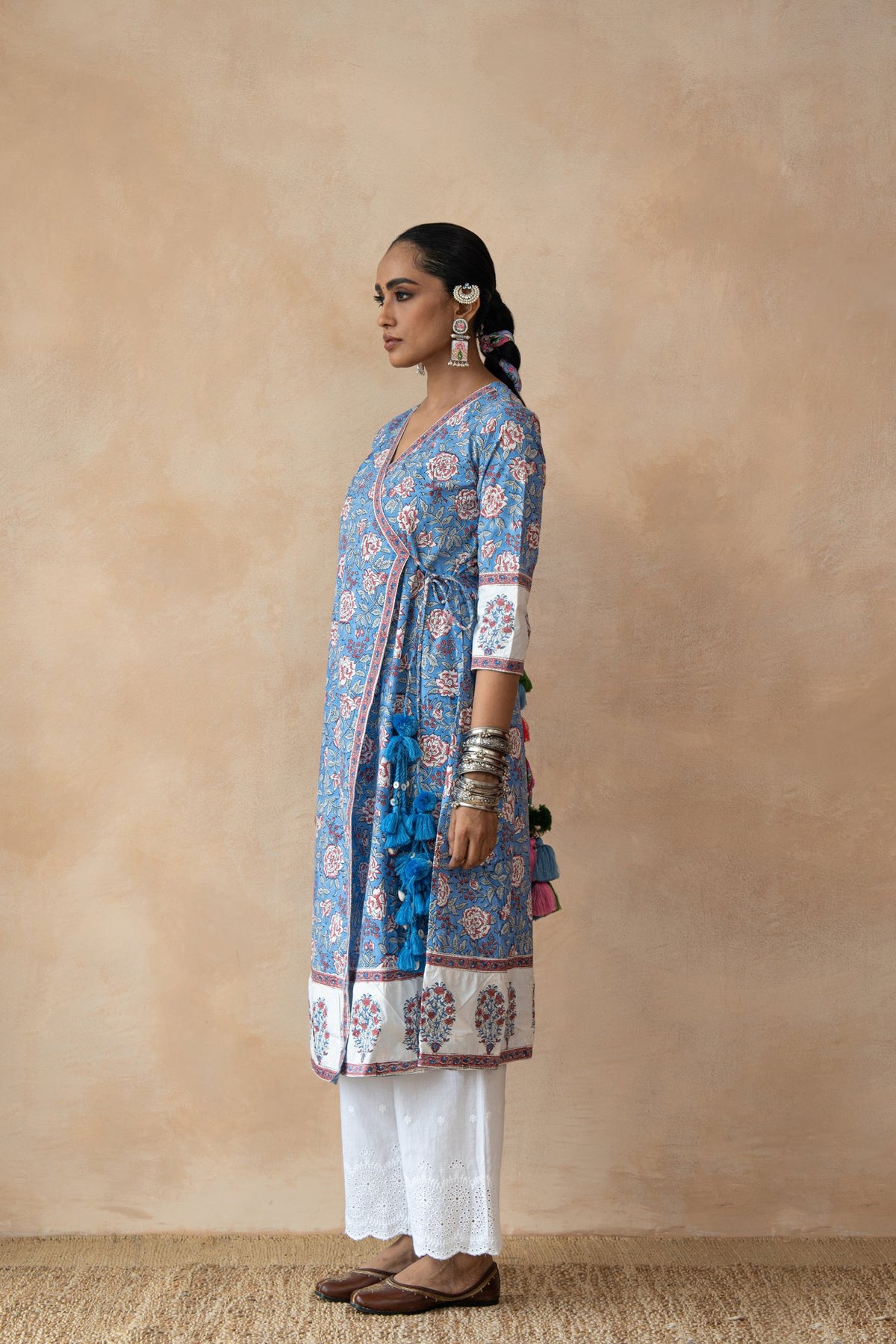 Madhubala Blue Floral Hand Block Printed Kurta Set with Schiffli Pants