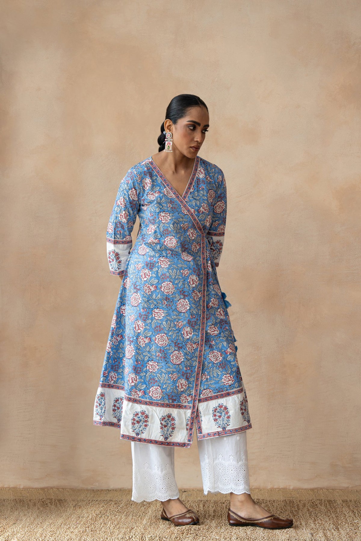 Madhubala Blue Floral Hand Block Printed Kurta Set with Schiffli Pants