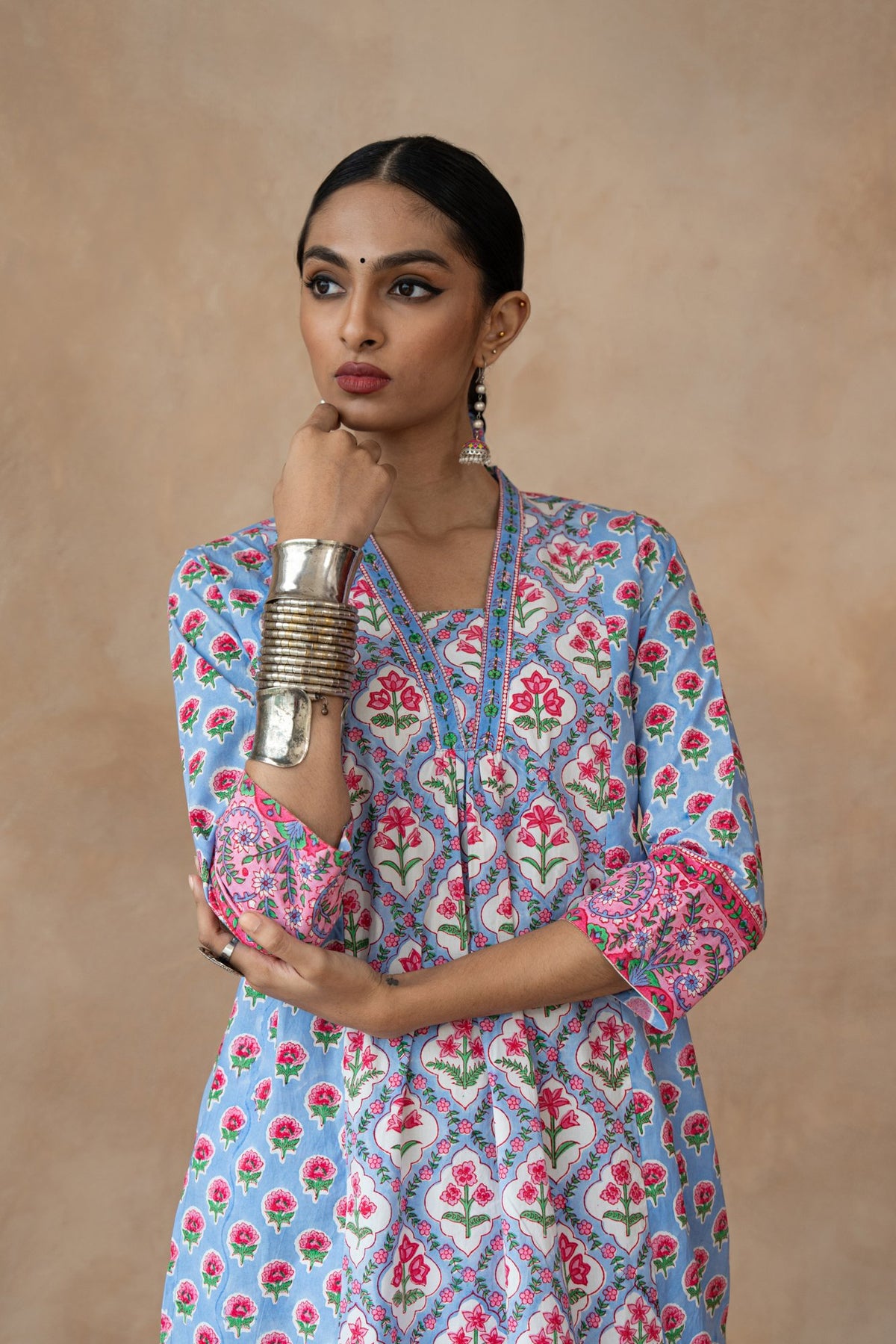 Kusum Blue Floral Hand Block Printed Kurta Set with Schiffli Pants