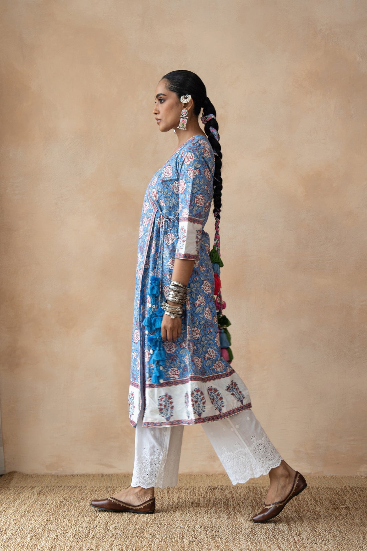 Madhubala Blue Floral Hand Block Printed Kurta Set with Schiffli Pants