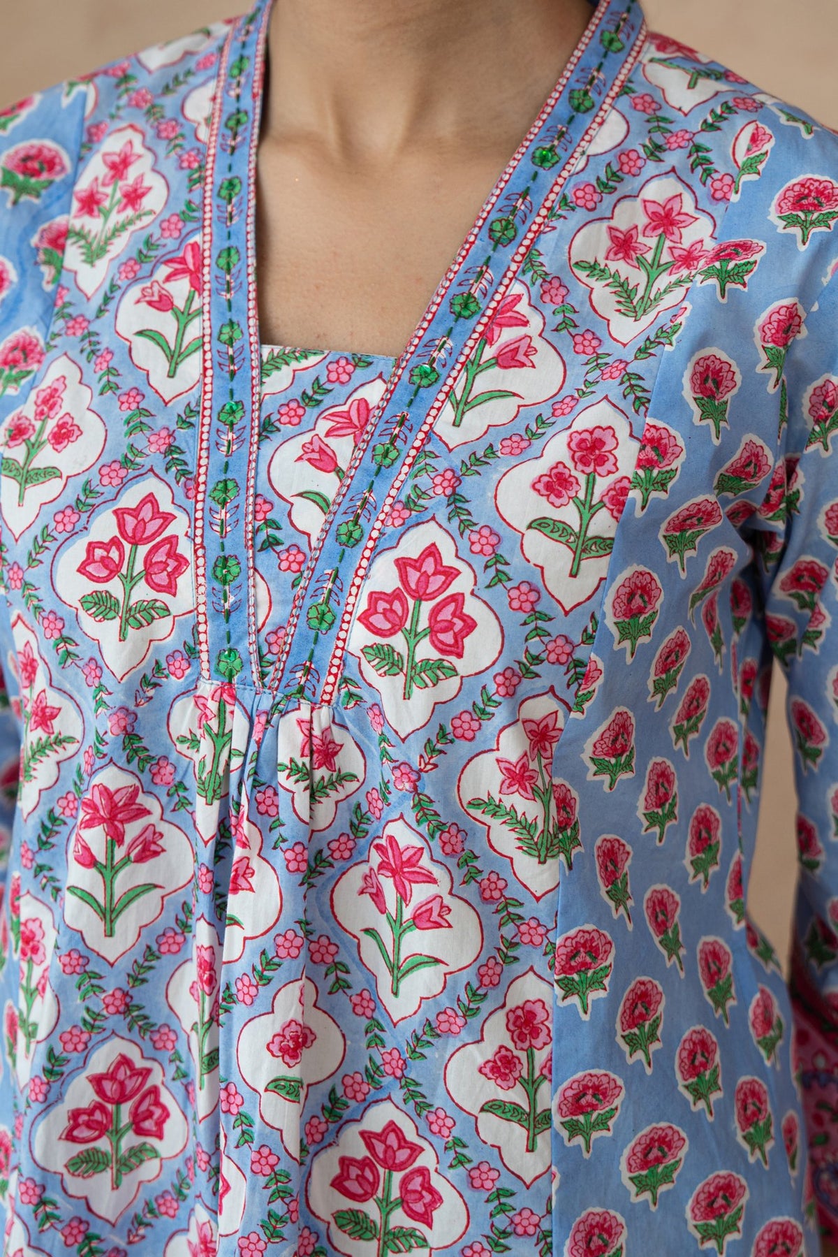 Kusum Blue Floral Hand Block Printed Kurta Set with Schiffli Pants