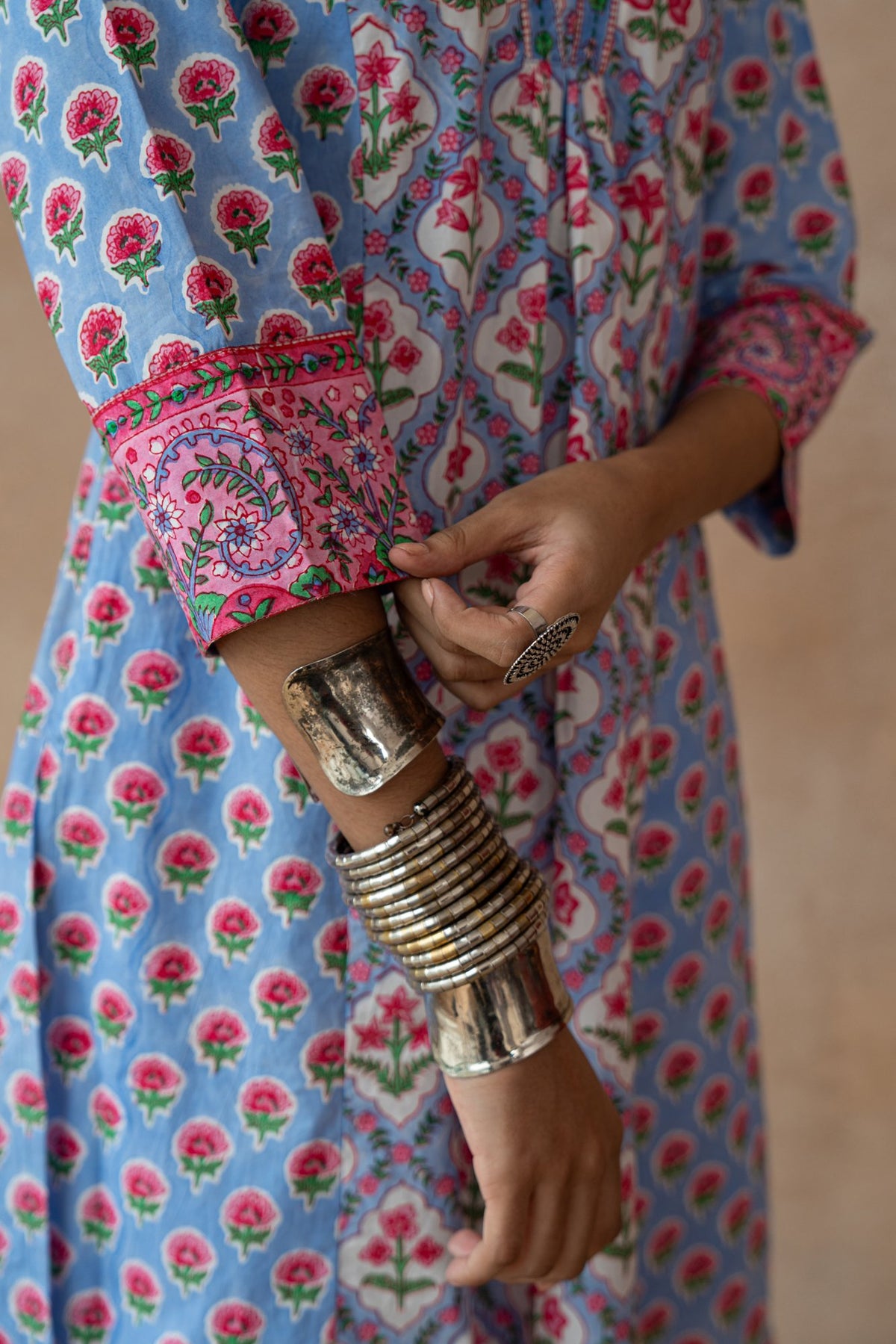 Kusum Blue Floral Hand Block Printed Kurta Set with Schiffli Pants