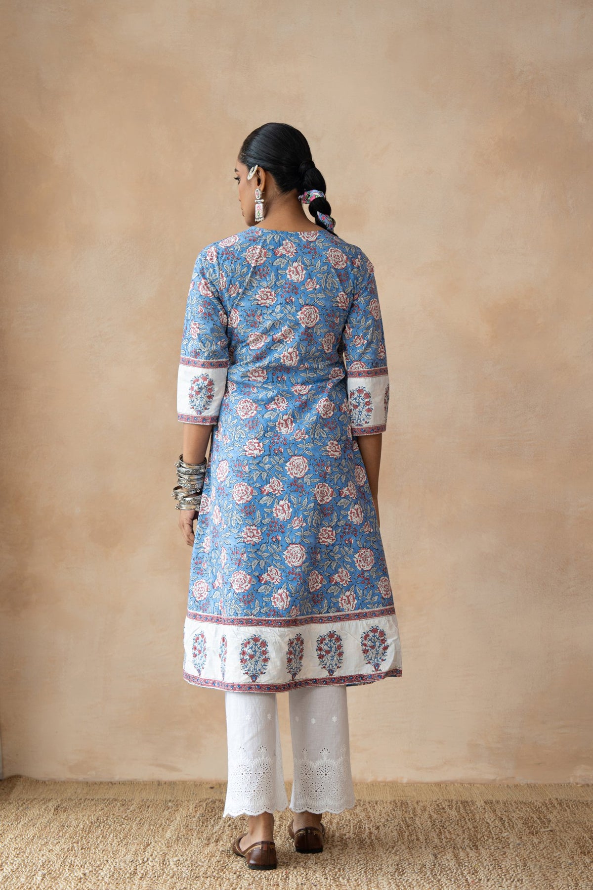 Madhubala Blue Floral Hand Block Printed Kurta Set with Schiffli Pants