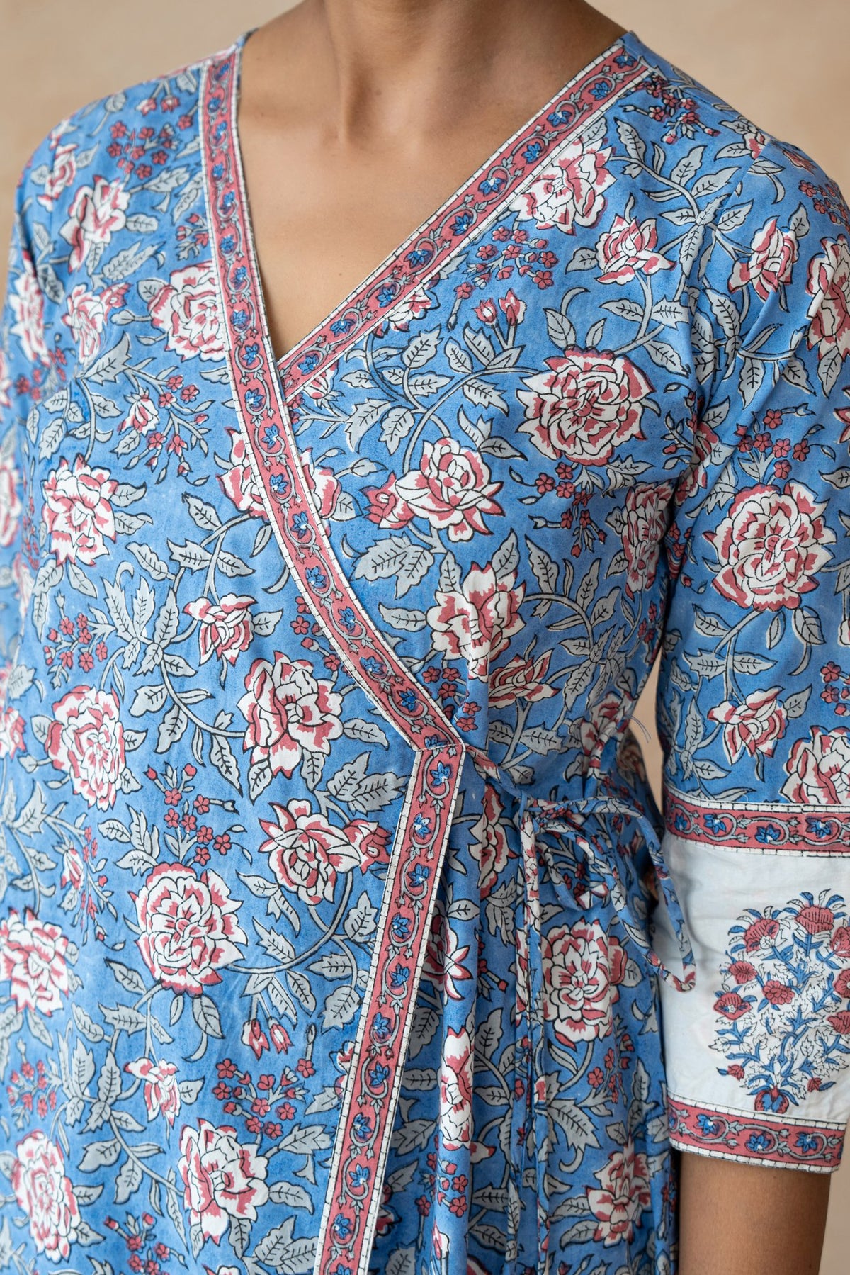 Madhubala Blue Floral Hand Block Printed Kurta Set with Schiffli Pants