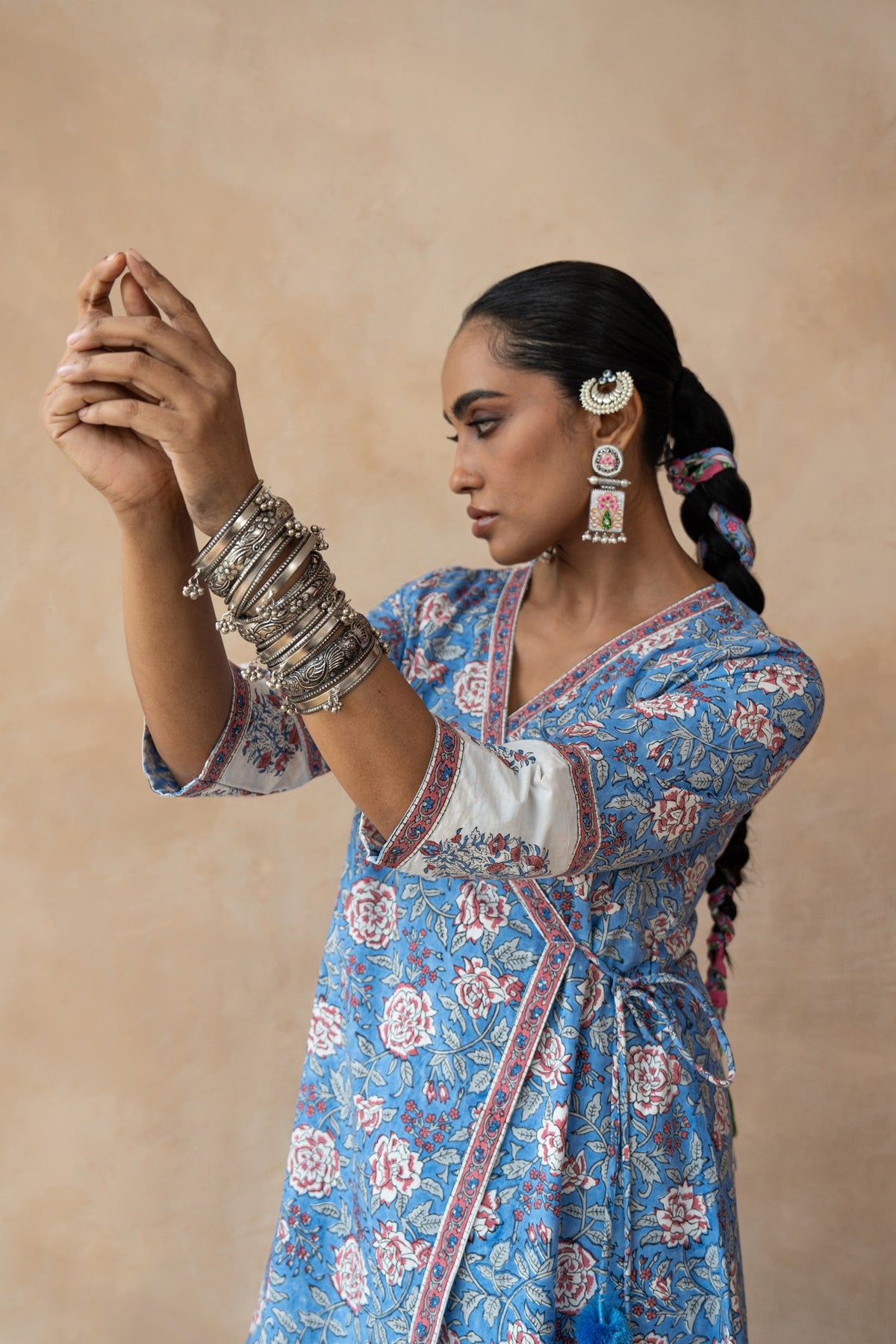 Madhubala Blue Floral Hand Block Printed Kurta Set with Schiffli Pants