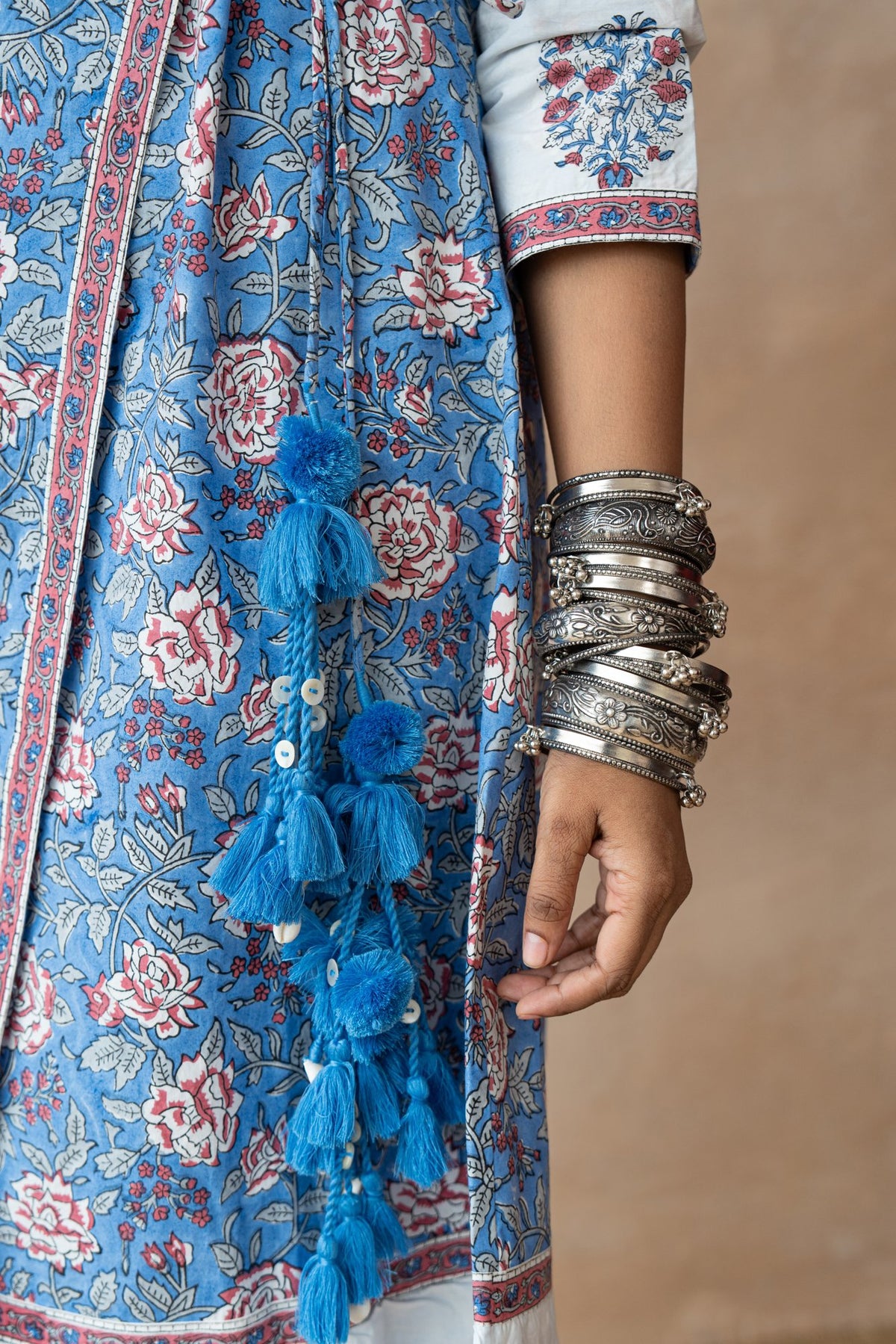 Madhubala Blue Floral Hand Block Printed Kurta Set with Schiffli Pants