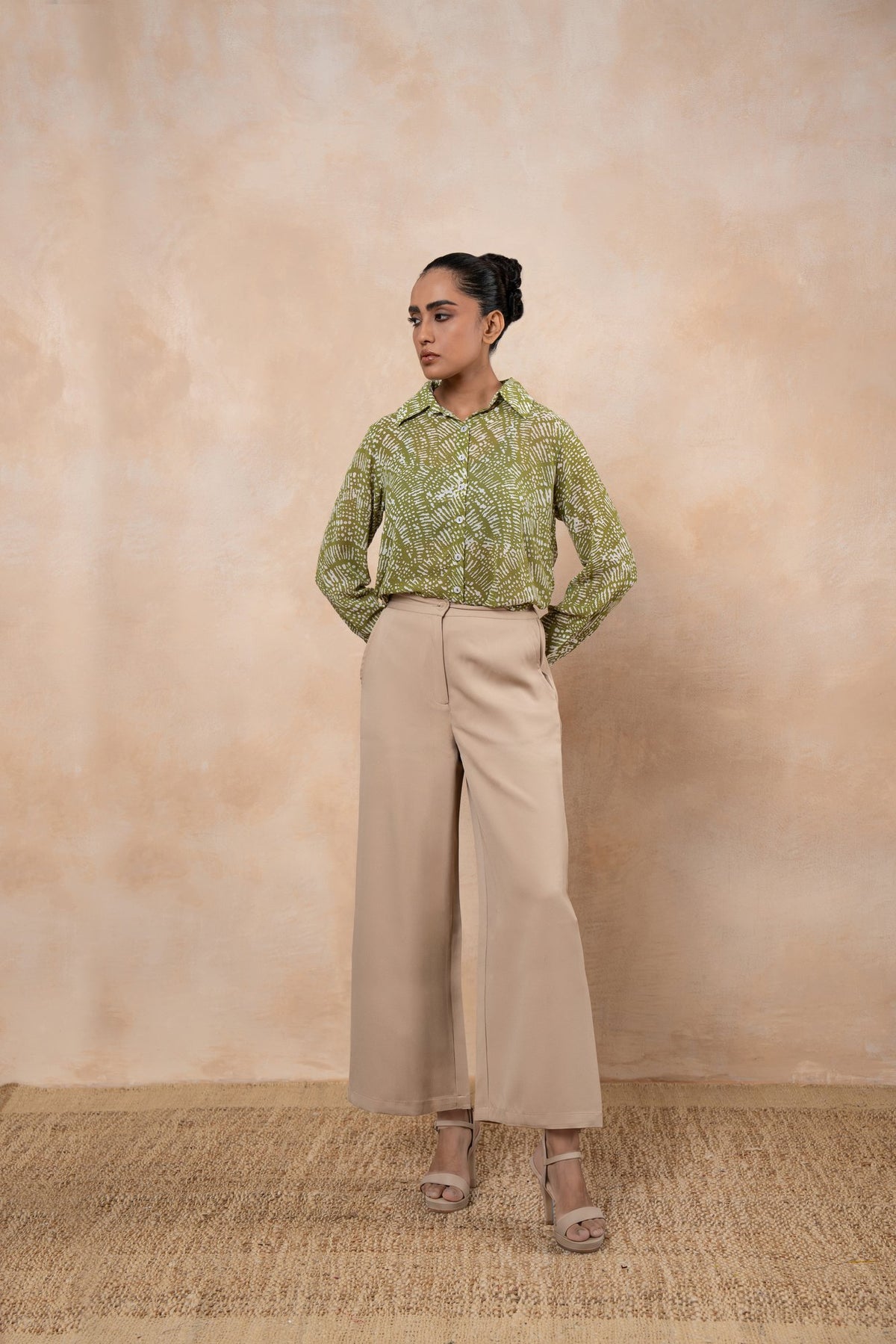Livia Olive Green Printed Georgette Shirt with Formal Wide-Leg Pants