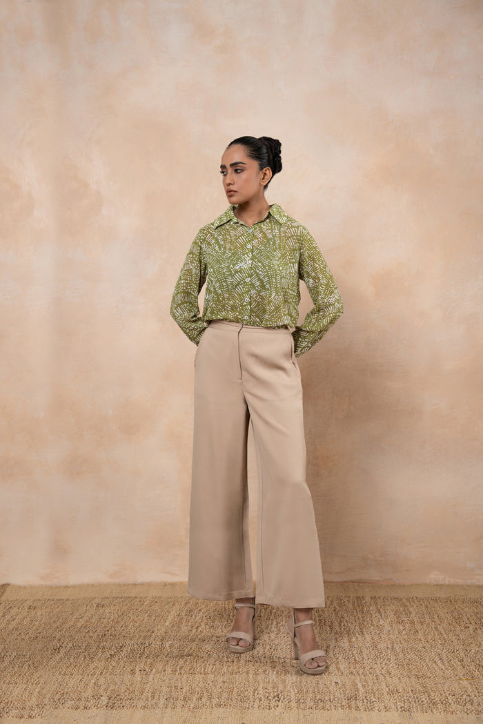 Livia Olive Green Printed Georgette Shirt with Formal Wide-Leg Pants