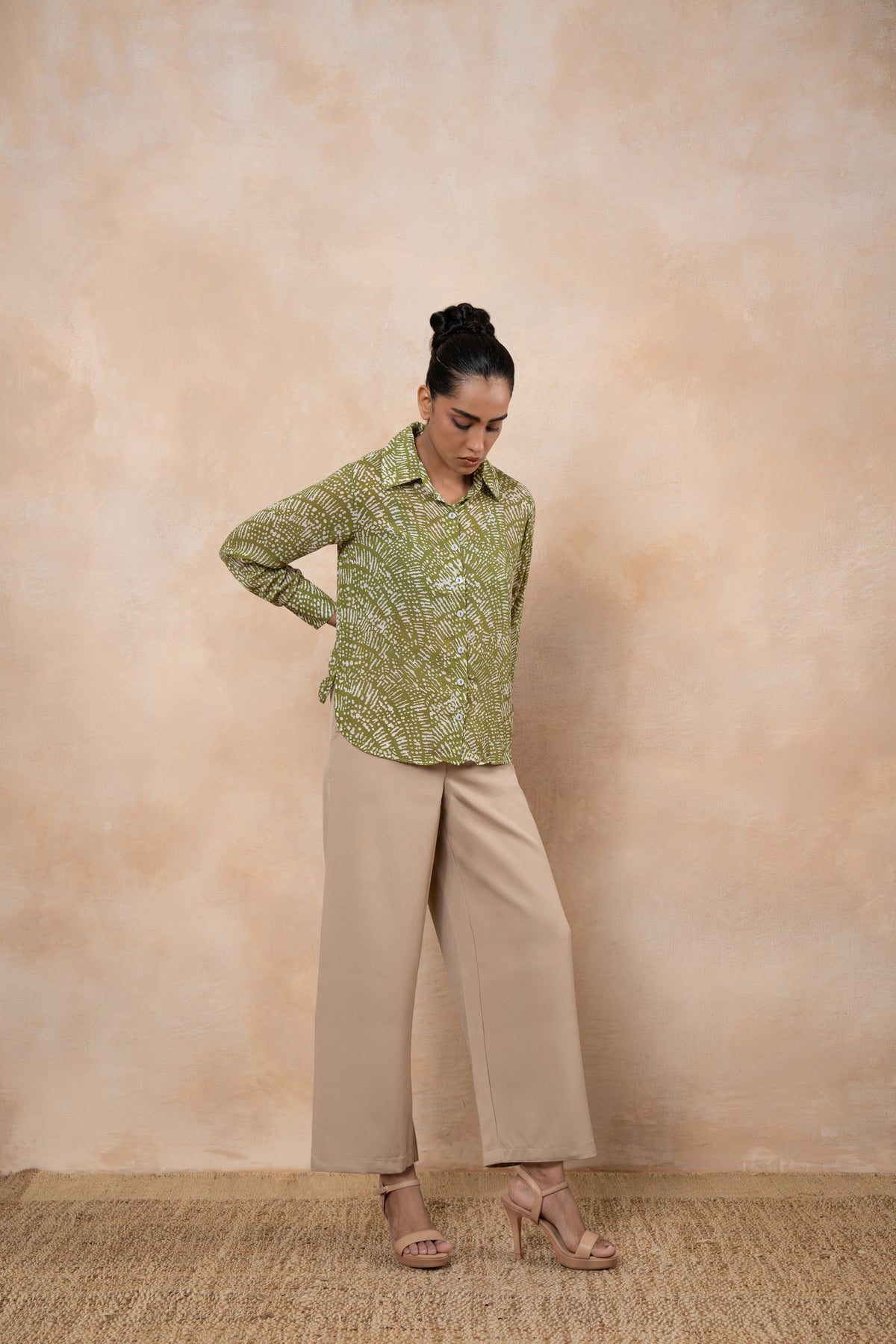 Livia Olive Green Printed Georgette Shirt with Formal Wide-Leg Pants