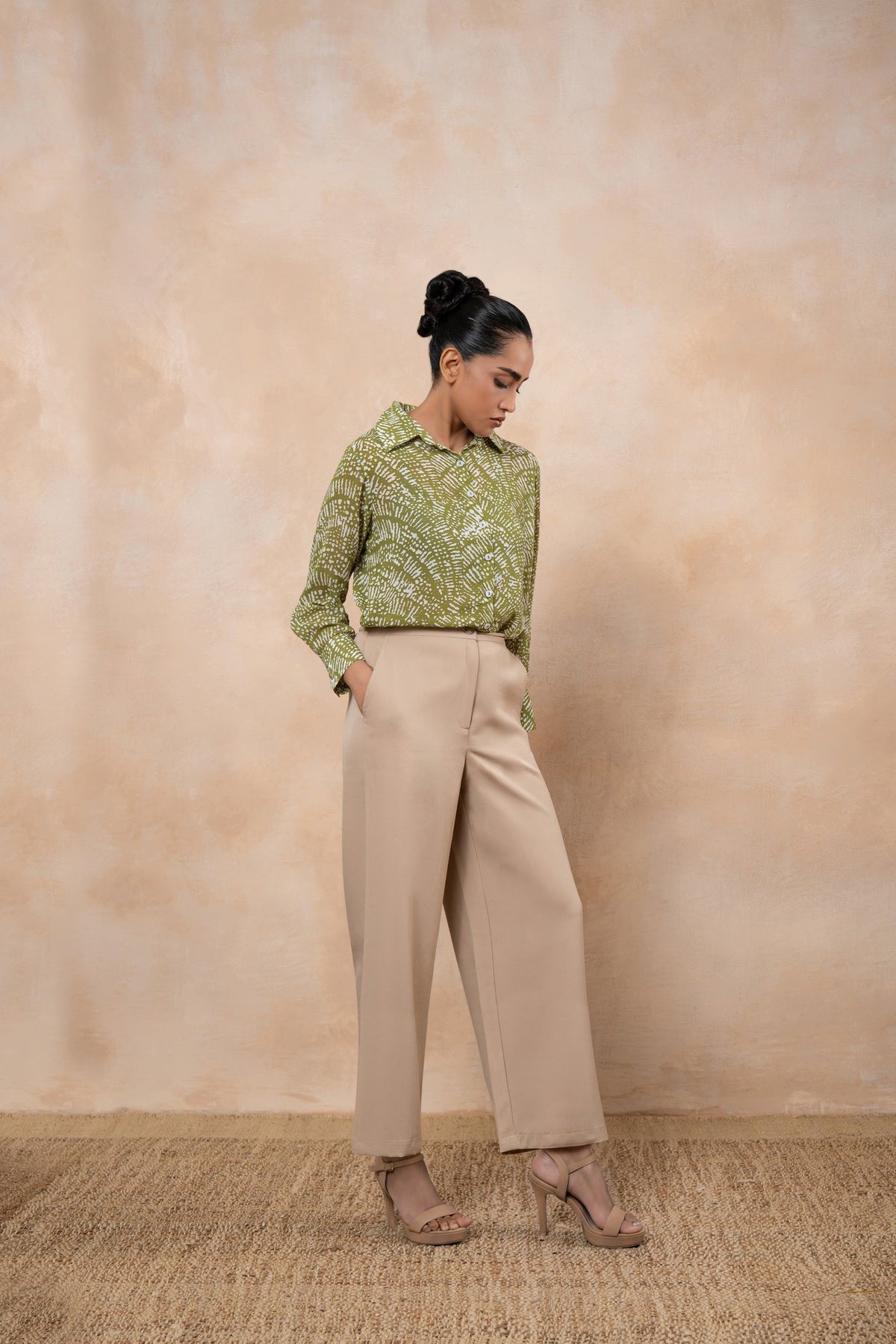 Livia Olive Green Printed Georgette Shirt with Formal Wide-Leg Pants