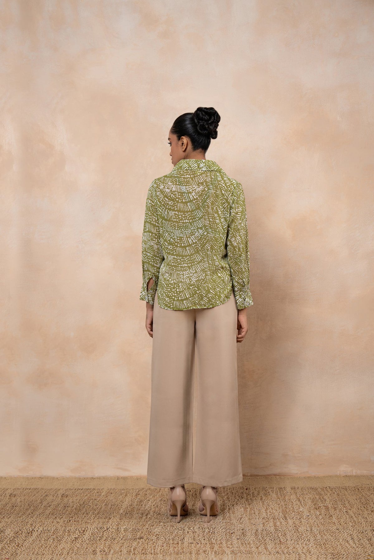 Livia Olive Green Printed Georgette Shirt with Formal Wide-Leg Pants